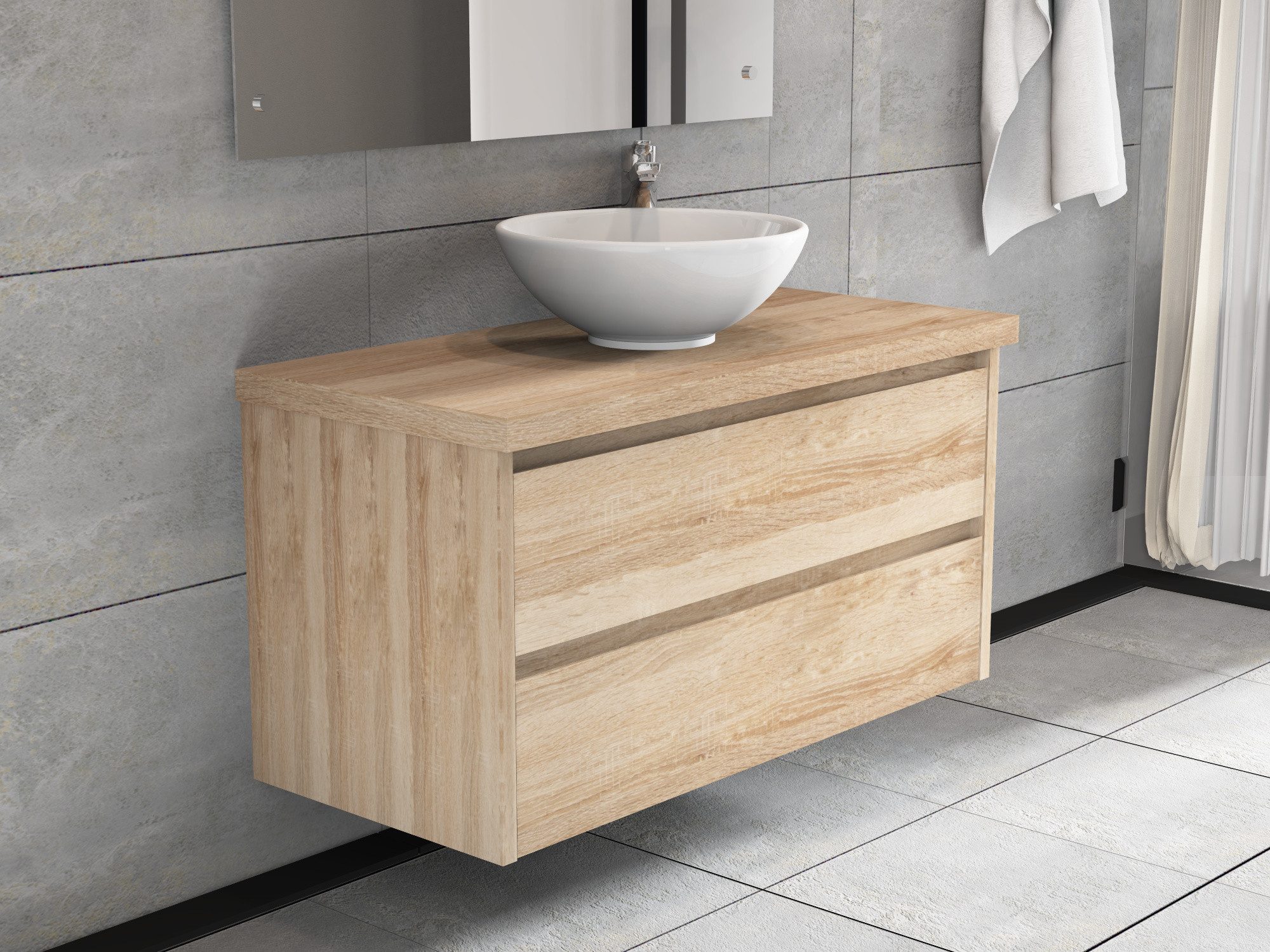 Aqua Bagno Badmöbel-Set Duo Waschplatz 100 cm Keramikbecken MDF Eiche Gold Soft-Close, (vormontiert, 3-St., Badmöbelschrank lackiert, Trägerplatte, Keramikwaschbecken), einfache Montage, Badschrank
