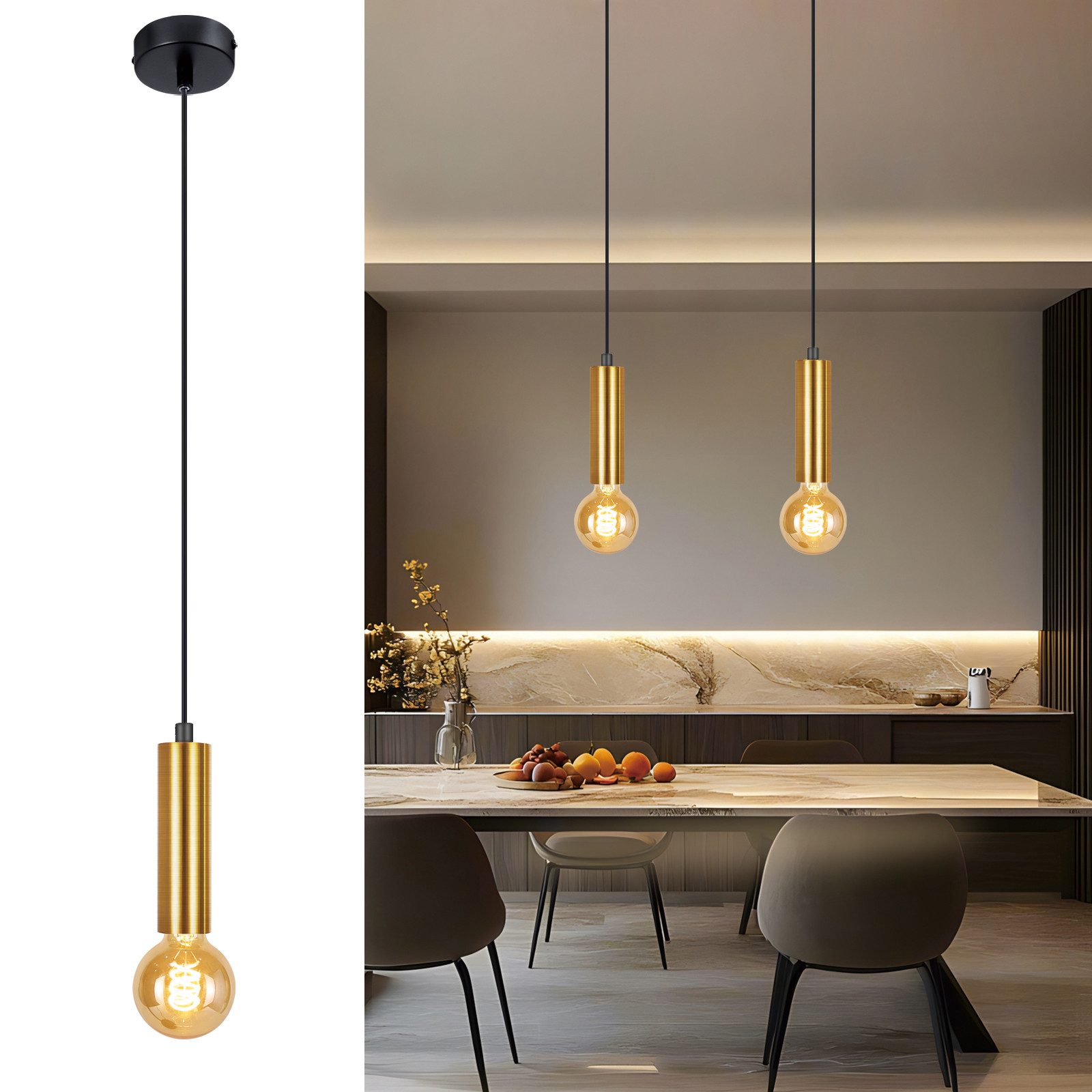 Nettlife Hängeleuchte Gold 1 Flammig Esszimmerlampe E27 Metall Industrial Pendelleuchte, Höhenverstellbar, ohne Leuchtmittel, Bettlampe …
