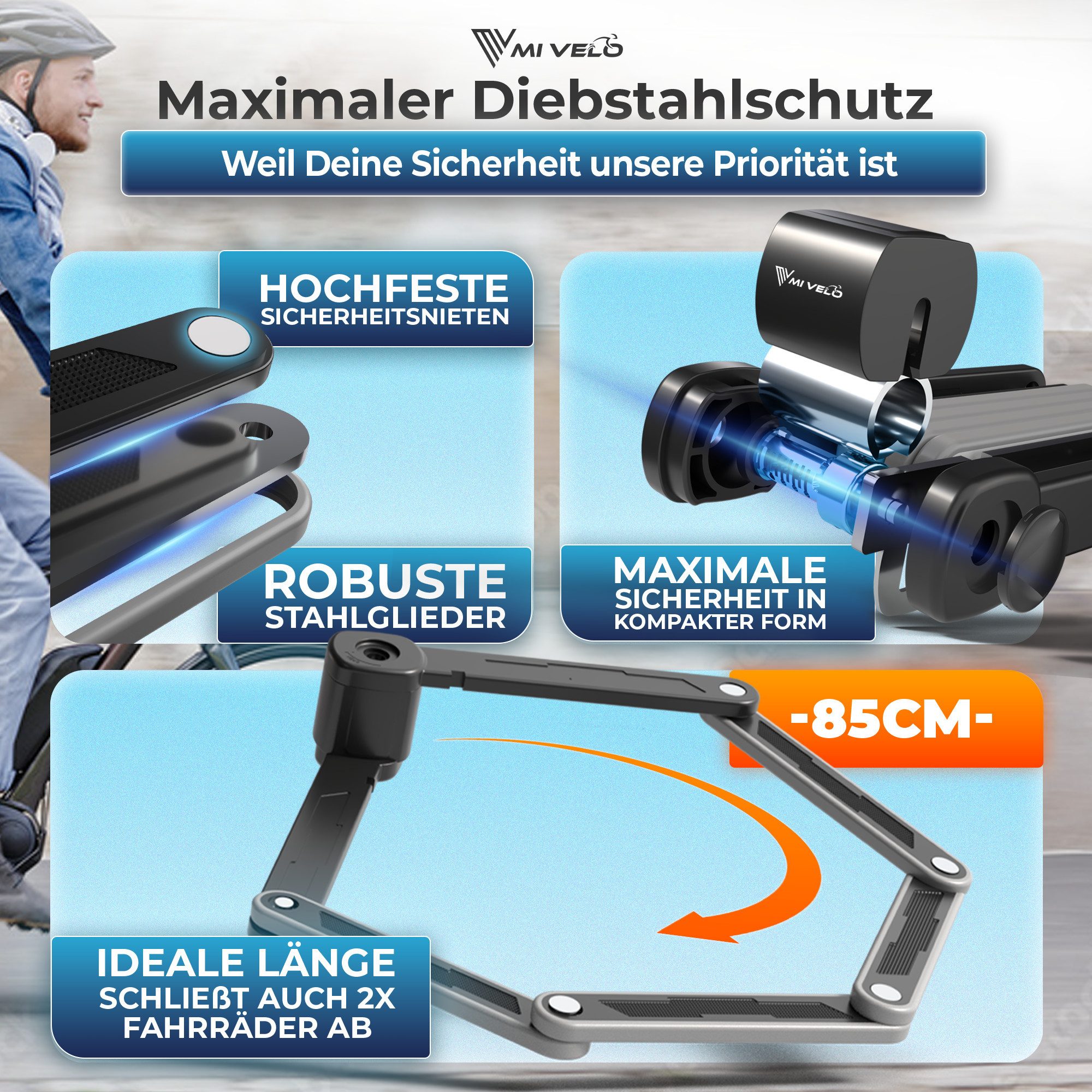 MIVELO Faltschloss hohe Sicherheit, Fahrradschloss mit Schlüssel inkl. Halterung, 8 mm Carbonstahl Glieder – Bild 4 von 5