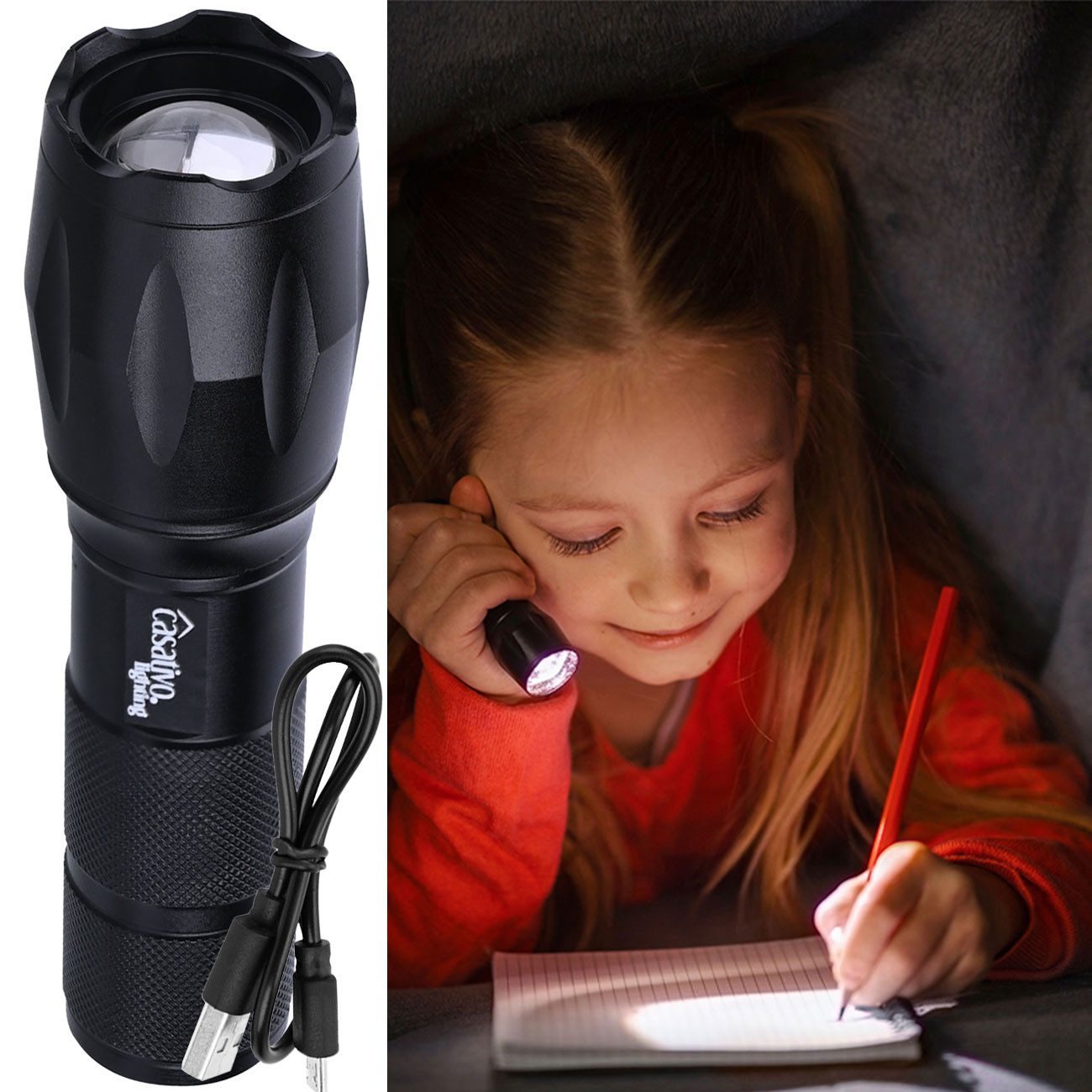Casativo LED Taschenlampe 2in1 LED Taschenlampe 260lm 1800mAh-Akku Powerbank Funktion IP44 (1-St., 1er-Set & 2er-Set), 3 Leuchtmodi/Wiederaufladbar/Stroboskop/USB-Ladekabel