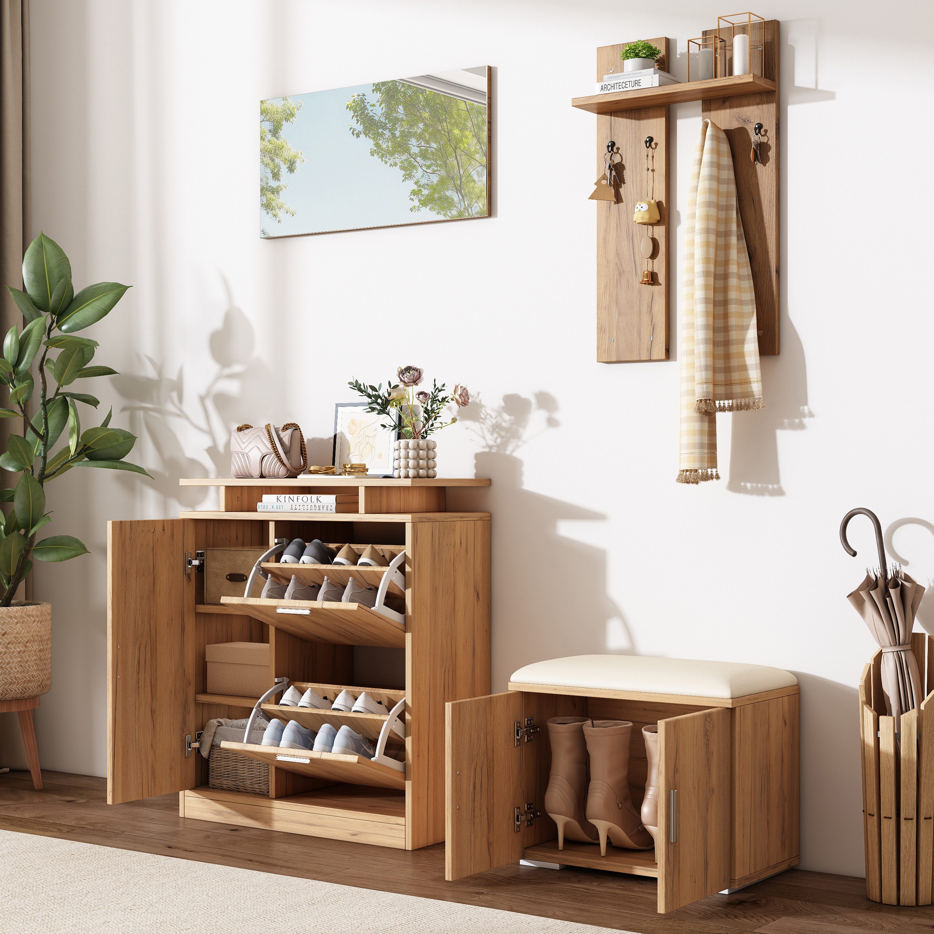 Refined Living Garderoben-Set Flur-Garderoben-Set mit Schuhbank, Spiegel und Schuhschrank, (B140xT35xH133 cm, Naturholzoptik, Flurmöbel Set mit Schuhbank und Sitzkissen, Schuhschrank mit 5 Türen, Wandgarderobe mit 4 Haken, Spiegel, 1-St., verstellbaren Einlegeböden und Schiebetüren, Skandinavisch), Garderobenschrank für Eingangsbereich, Diele und Flur