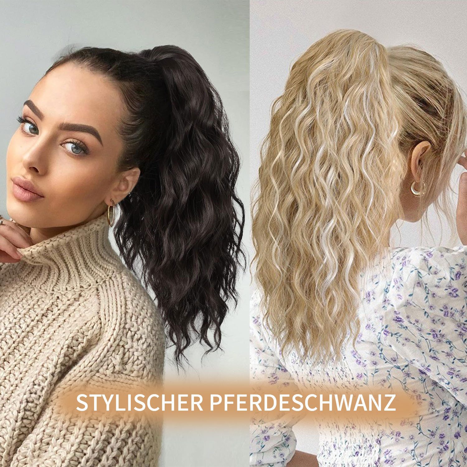 Refttenw Kunsthaarperücke Pferdeschwanz mit Klammer,Lange Wellig Lockig Haarextension,16in