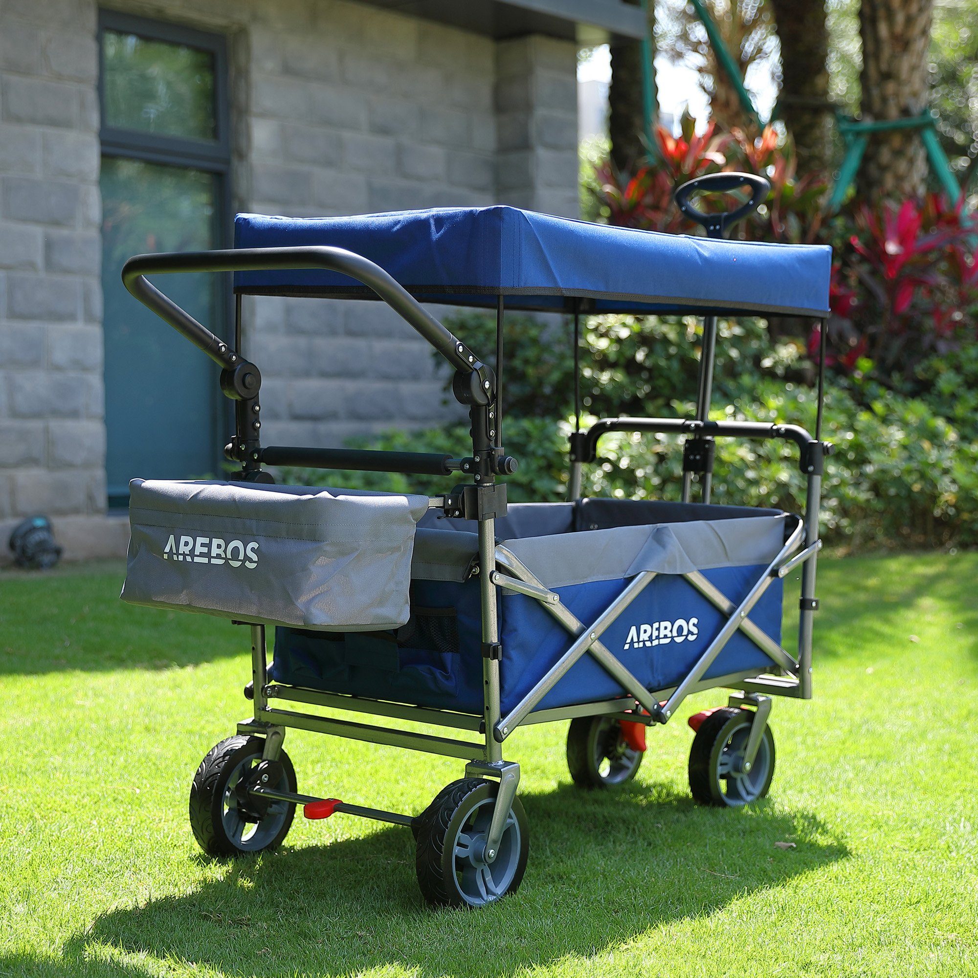 Arebos Bollerwagen mit Dach Premium, Handwagen Transportkarre 100 kg tragekraft, Vorder- und Hinter-Bremse