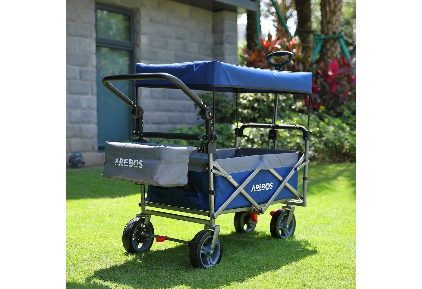 Thumbnail - Arebos Bollerwagen Handwagen, Premium faltbar mit Dach, bis 100 kg Tragkraft, Vorder- und Hinter-Bremse, Inkl.Tragetasch...