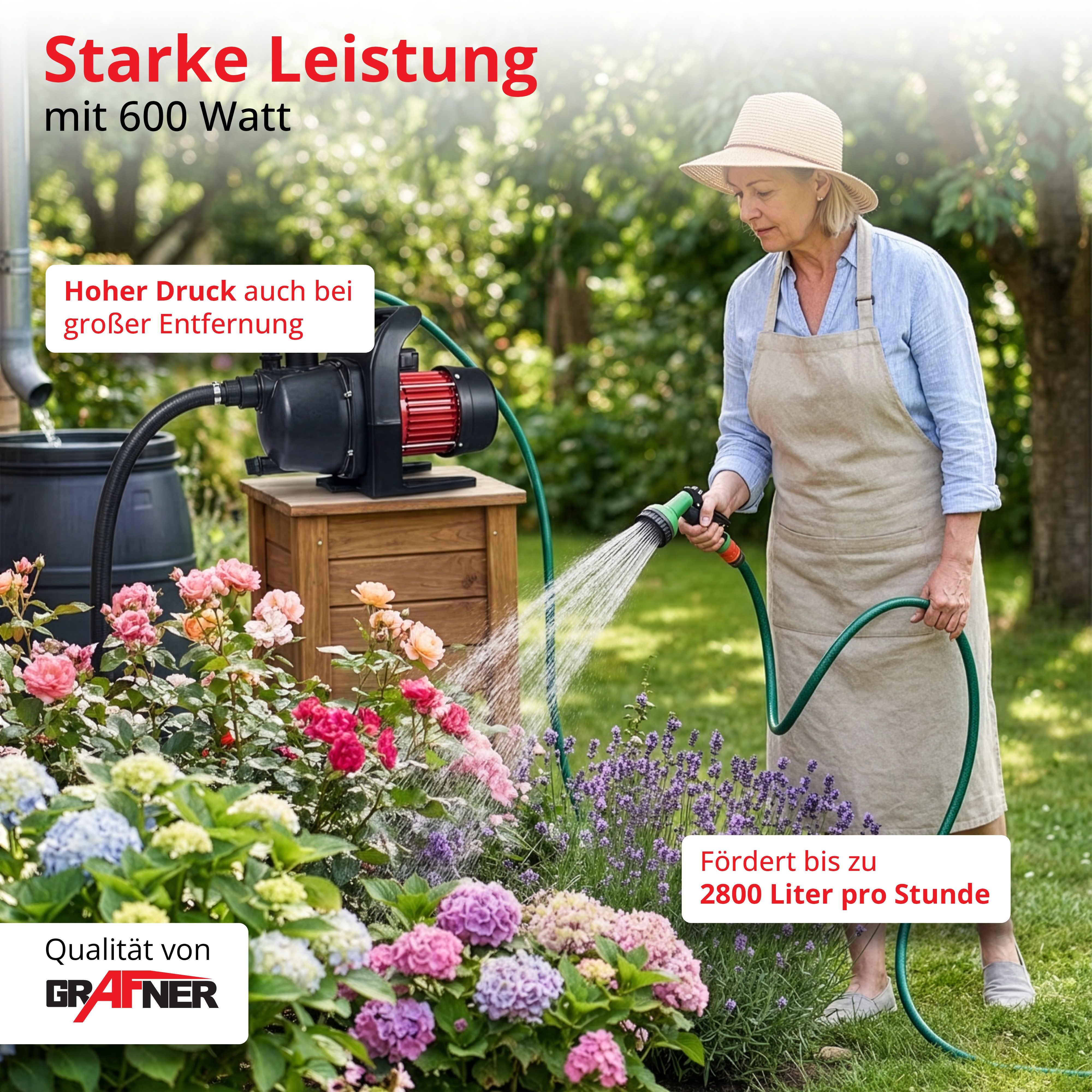 Grafner Gartenpumpe Gartenpumpe 600 Watt max. 2800L/h Fördermenge 600W Pumpe, Max. Fördermenge: 2800 l/h