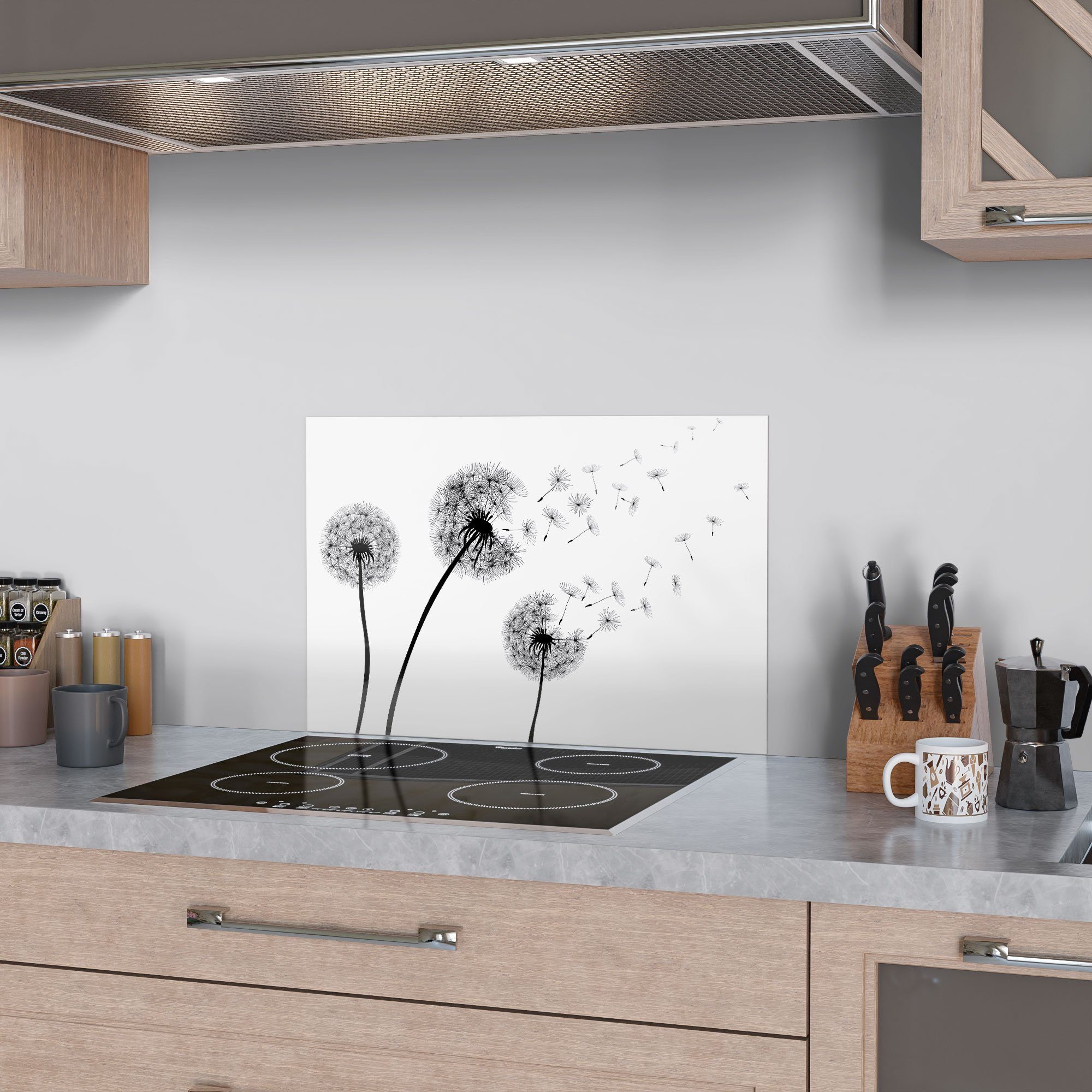 Küchenrückwand DEQORI Glas Badrückwand 'Schwarze Spritzschutz Pusteblumen', Herdblende