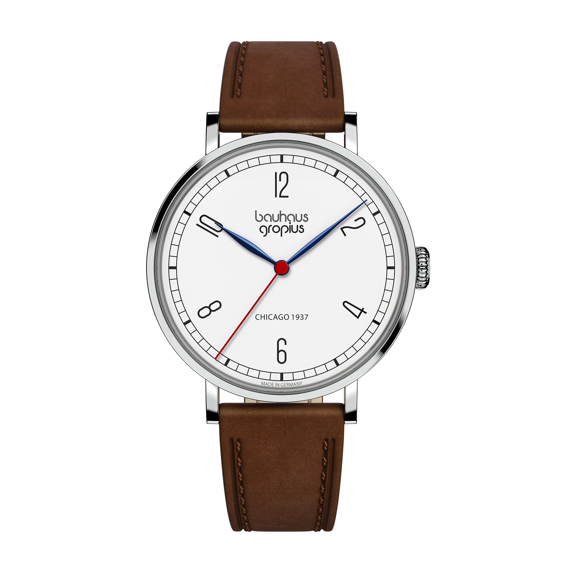 Walter Gropius Quarzuhr Made in Germany, Saphirglas, New Bauhaus Chicago 1937 - WGN 002-02, Designeruhr, Lederarmband mit Easy-Release System, Edelstahlgehäuse