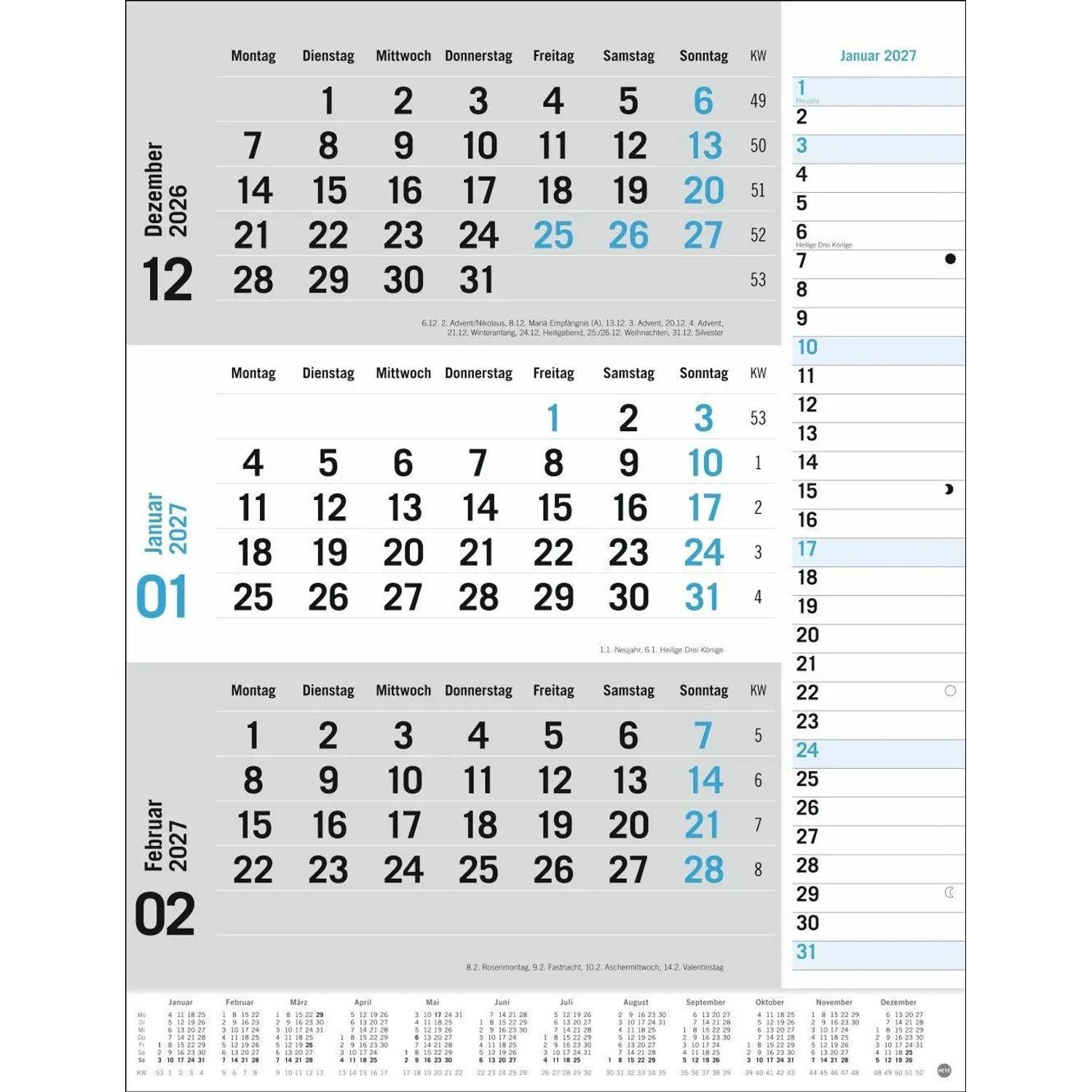 Wandkalender 3-Monats-Planer, blau 2027