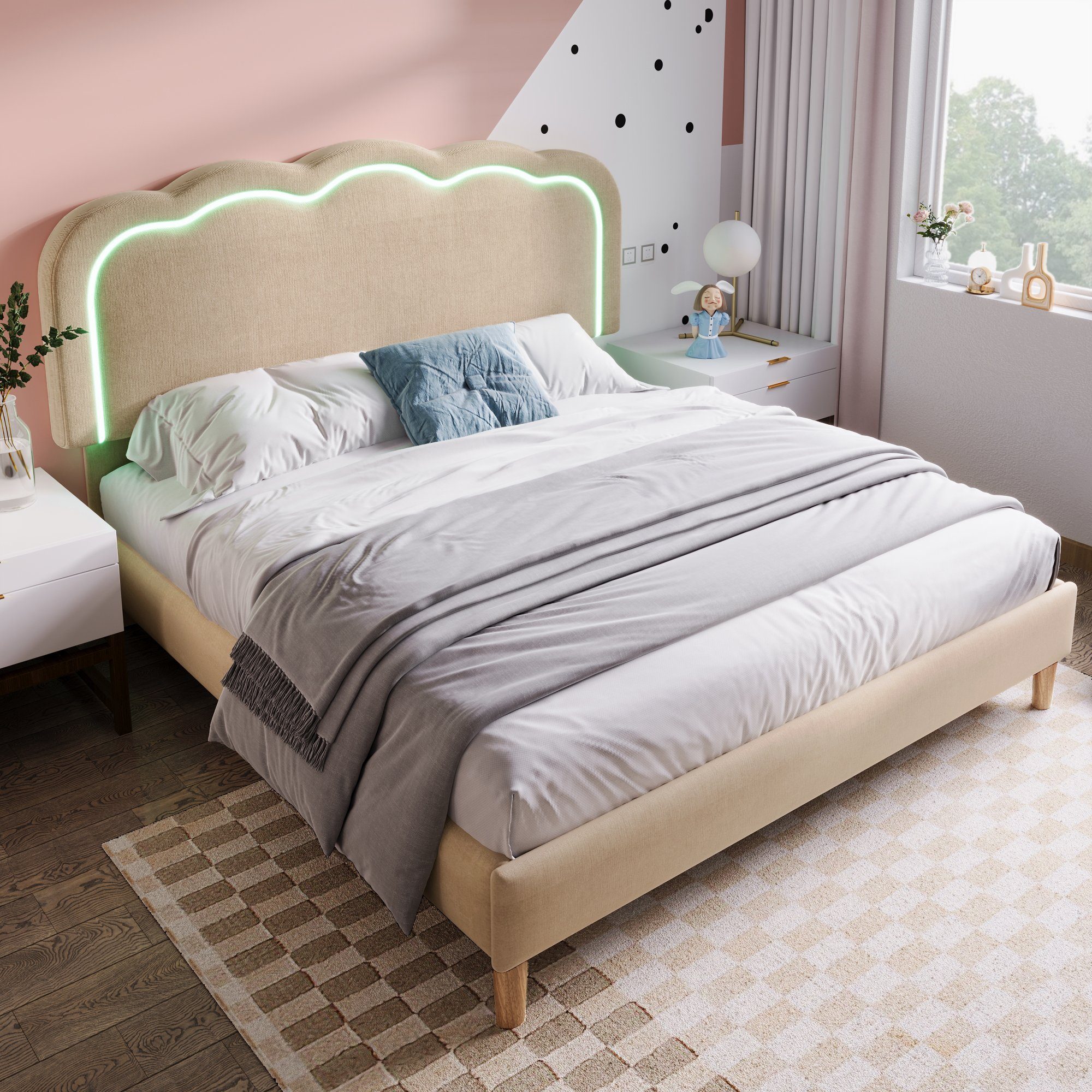 Polsterbett (LED Doppelbett), mit Lattenrost & Verstellbares Kopfteil in Puff-Form 140x200cm, Leinen