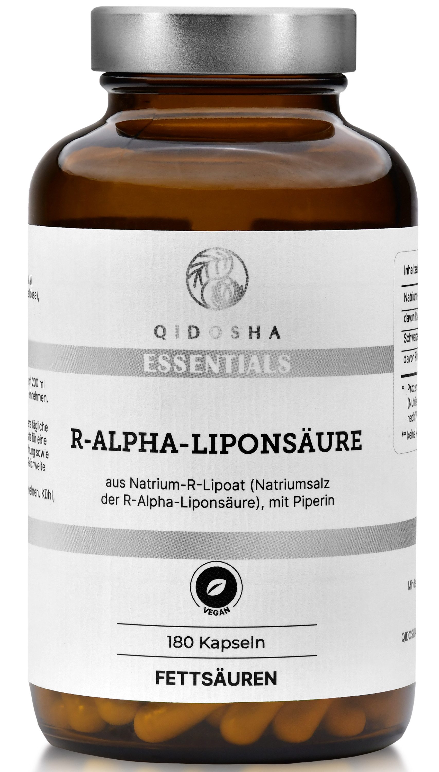 QIDOSHA R-Alpha-Liponsäure aus Natrium-R-Lipoat plus Piperin Kapseln, TESTSIEGER 07/23*, R-Alpha-Liponsäure Kapseln hochdosiert aus Na-R-Lipoat & Piperin als Bioenhancer, 180 Stk/Glas, erhöhte Bioverfügbarkeit dank Natrium-R-Lipoat à 180 St., 72.5 g