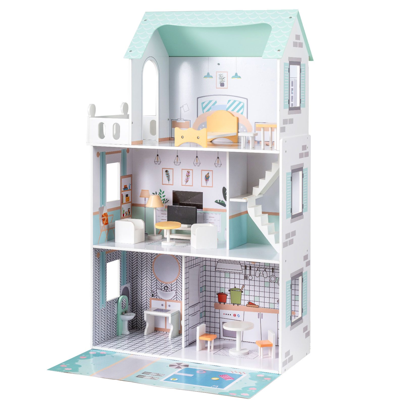 COSTWAY Puppenhaus, Mit 17-teiliger Möbelausstattung & Erzählspielzeug