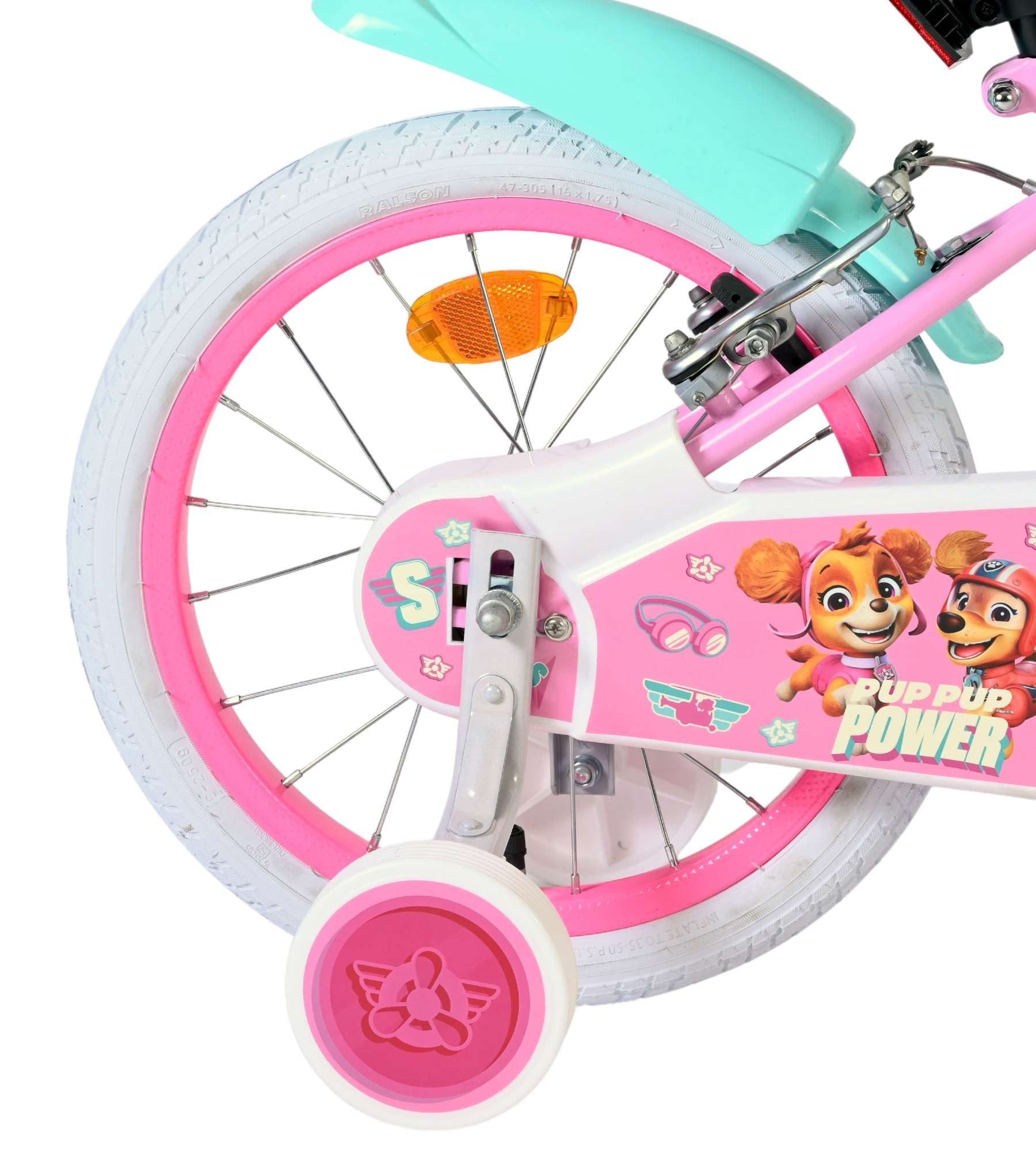 Volare Kinderfahrrad Paw Patrol Mädchen 16 Zoll Rosa mit Korb, Puppensitz und 2 Handbremsen, Geschlossener Kettenschutz, Reflektoren vorn und hinten