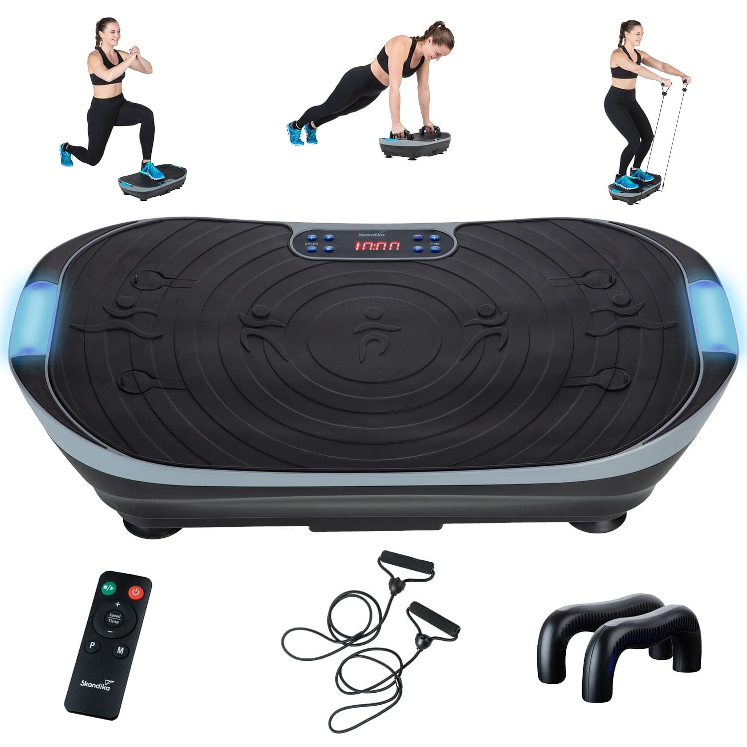 Skandika Vibrationsplatte V2, Fitnessgerät für Zuhause, Fernbedienung, mit LCD-Bildschirm, (Trainingsprogramme: 3 computergesteuerte,1 manueller Modus, bis 12 kg), Trainingsbänder, Oszillierende Vibration, Curved Design, leiser Motor