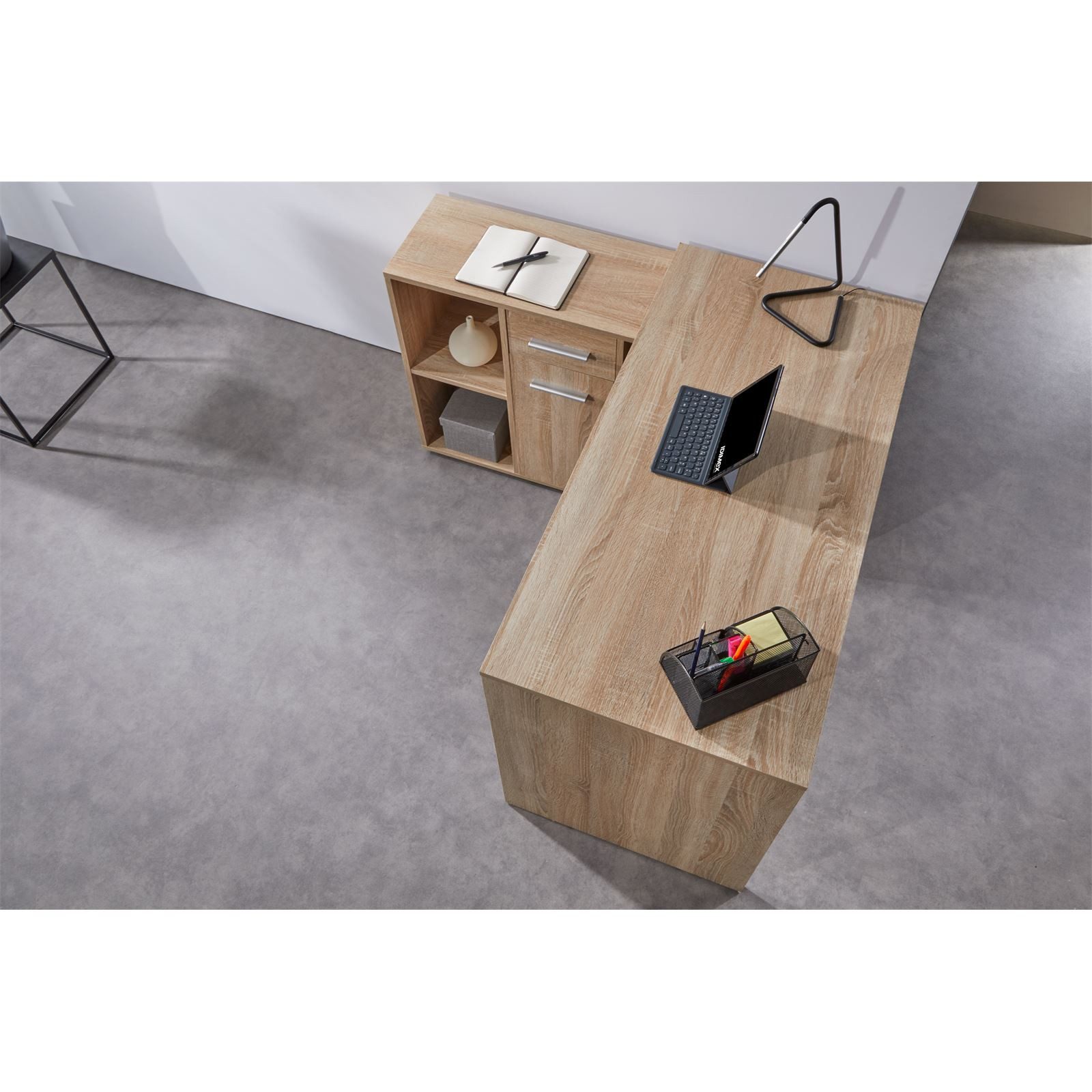 CARO-Möbel Eckschreibtisch DIEGO, Schreibtisch mit Stauraum in L-Form, Home Office Tisch sonoma eiche
