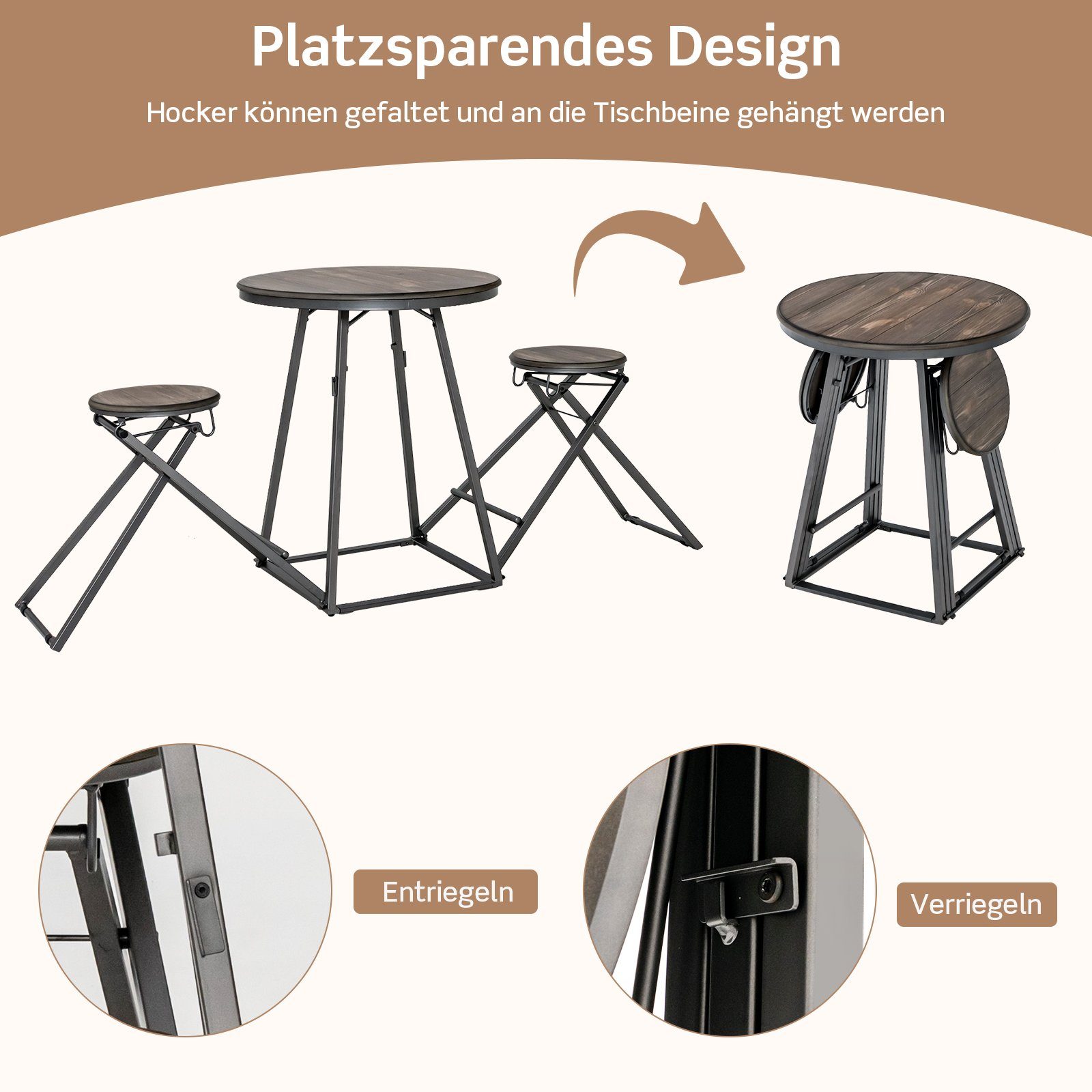 klappbar, Set Personen, 2 COSTWAY mit Barhockern, Metallrahmen Bartisch, 2