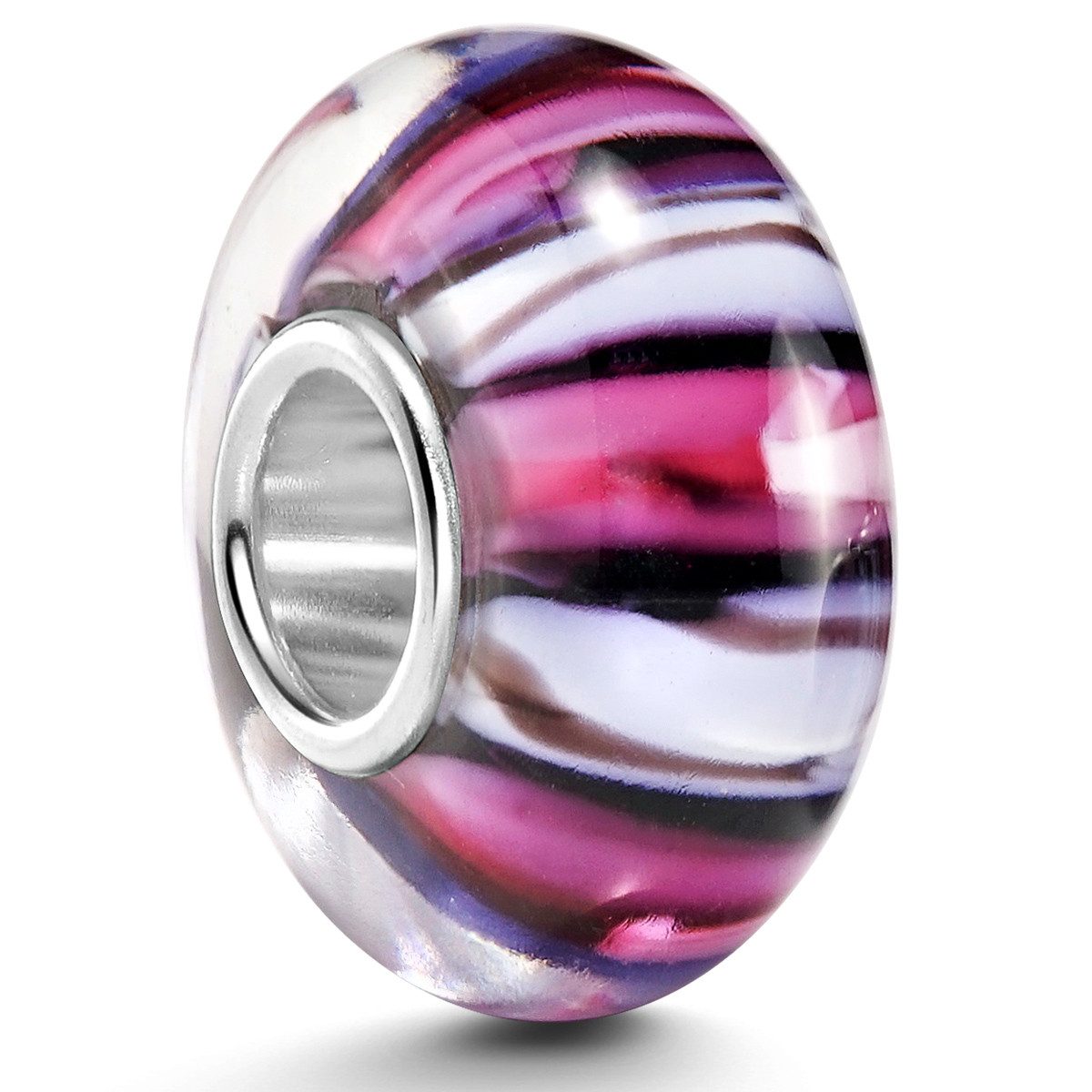 Materia Bead Glasperle Streifen Lila Pink Weiß 925 Silber 1665, Kern aus 925 Sterling Silber