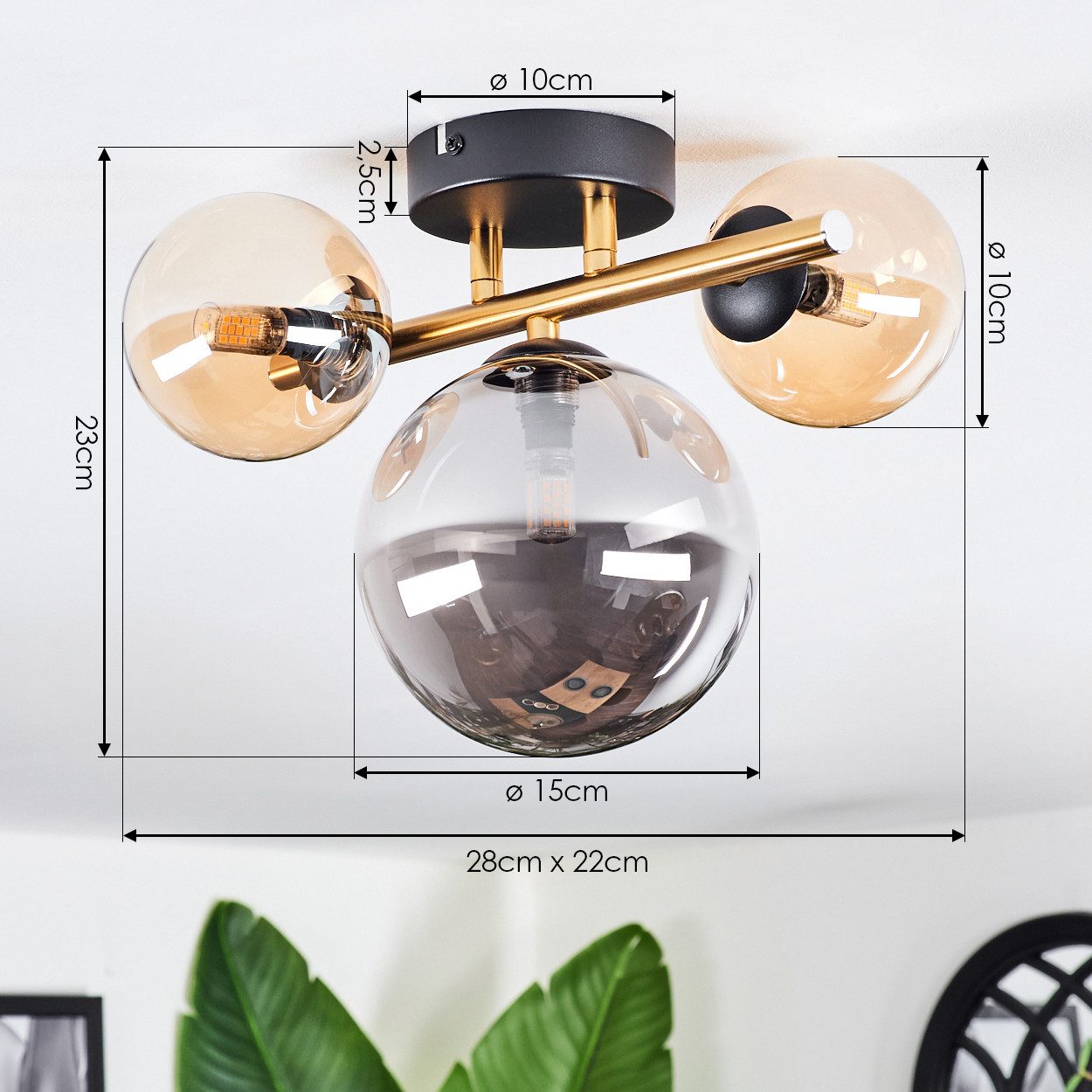 hofstein Deckenleuchte Deckenlampe aus Metall/Glas in Schwarz/Gold-/Bernstein-/Rauchfarben, Deckenleuchte im modernen Vintage-Design (Schirme Ø 10; 15 cm), 3 x G9