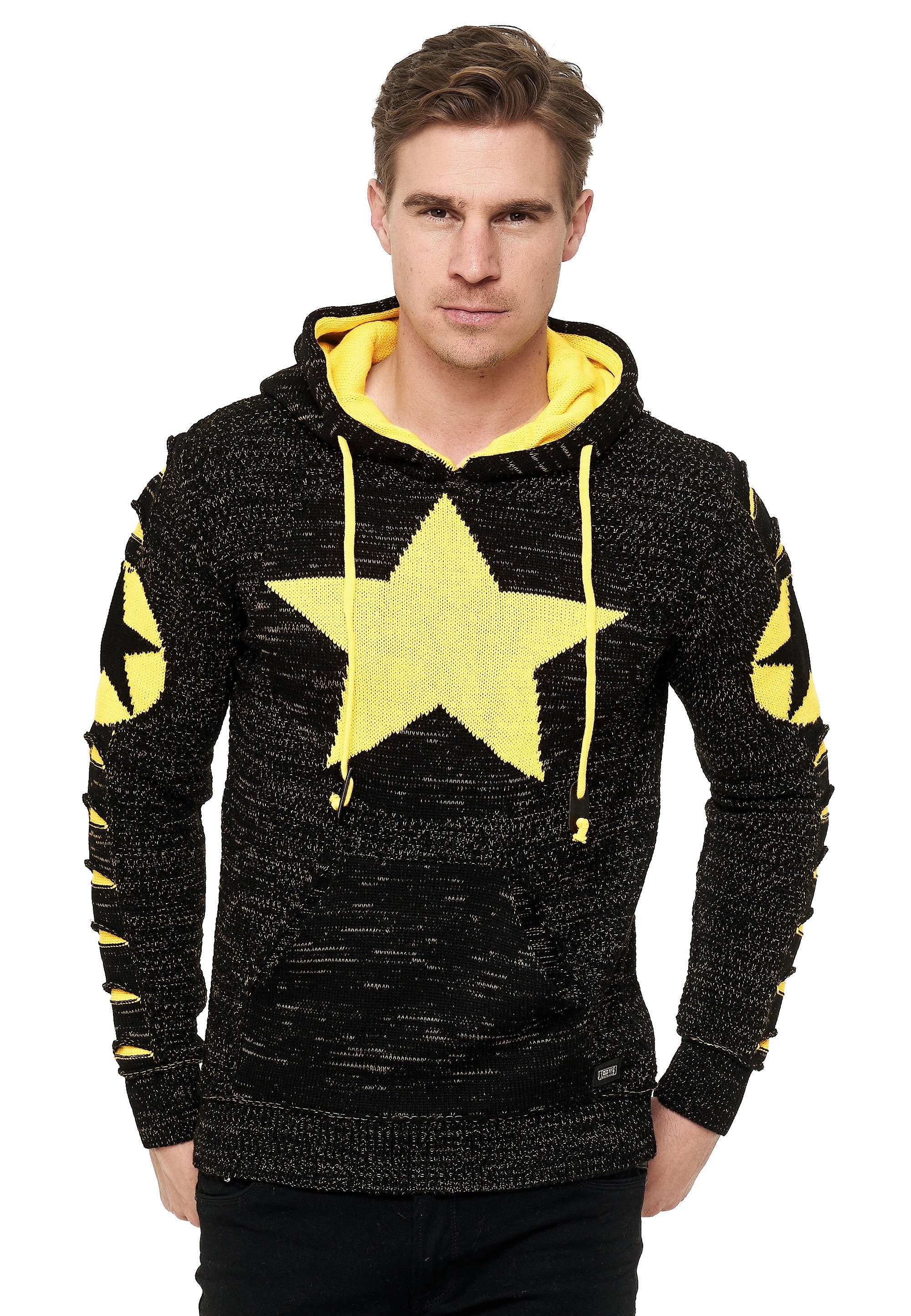 Rusty Neal Kapuzensweatshirt mit großem Stern-Design schwarz-gelb