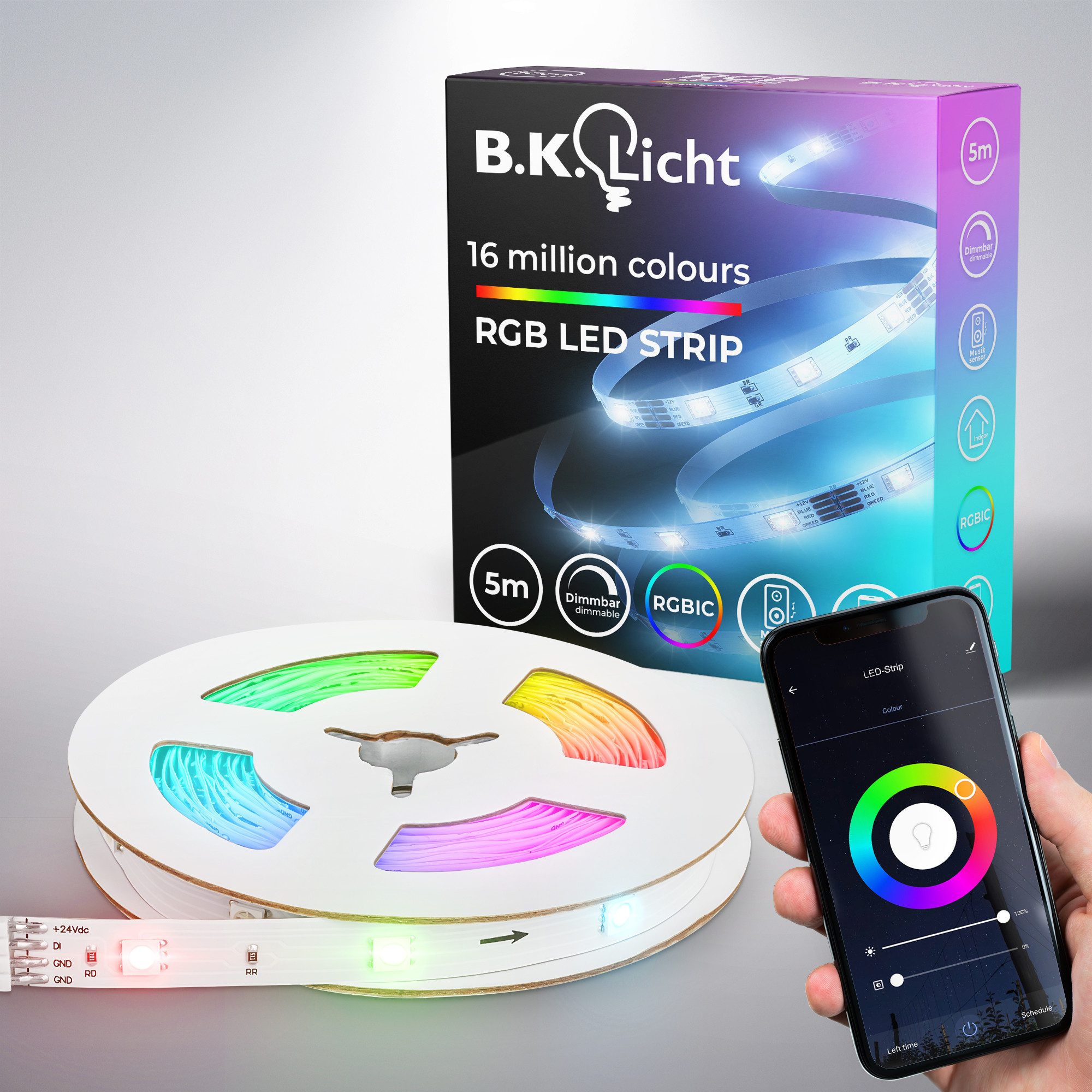 B.K.Licht LED Stripe Wifi RGBIC LED Strip, 5 m, mit App Steuerung, 150-flammig, Lichtleiste, mit Musiksensor, smartes LED Band, Selbstklebend