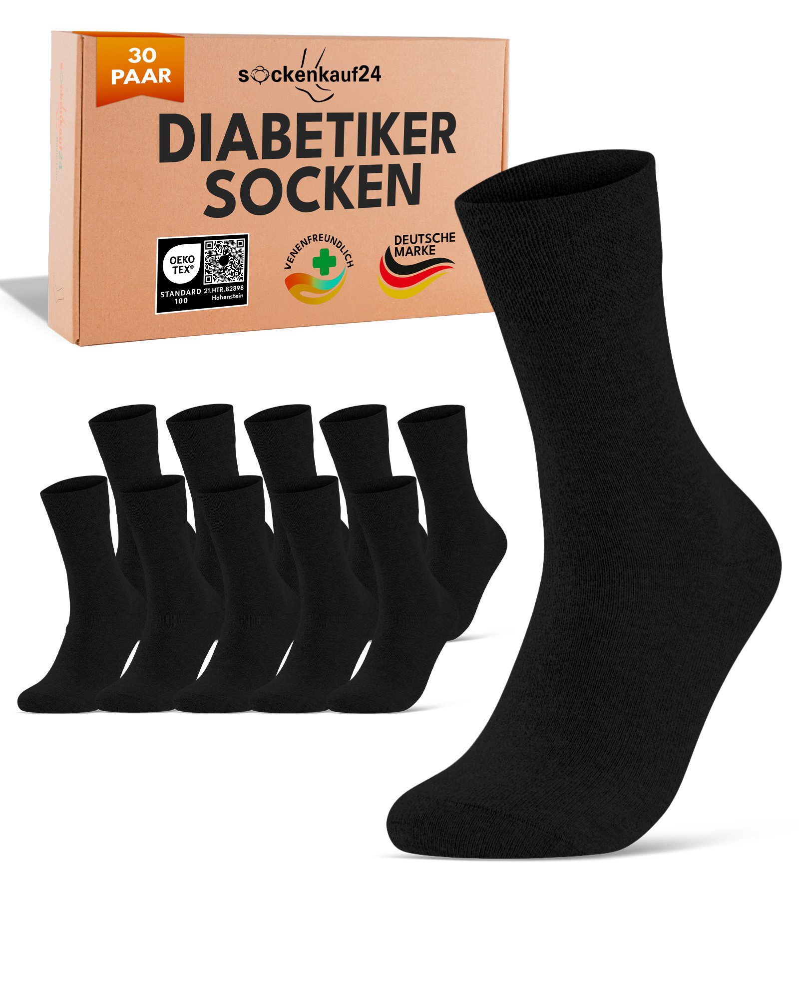 sockenkauf24 Diabetikersocken ohne Gummibund & ohne Naht aus Baumwolle (30-Paar) Diabetiker Socken mit Komfortbund ohne Gummi für Damen & Herren