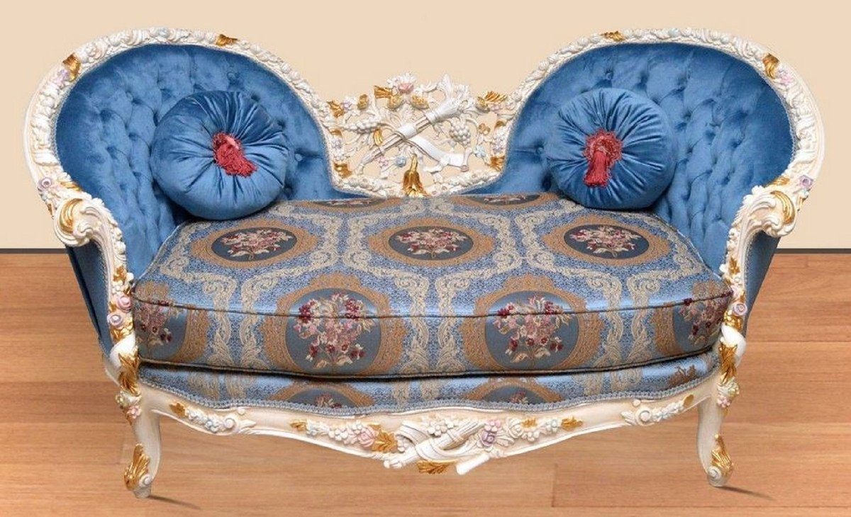 Casa Padrino Sofa Barock Sofa Blau Muster / Creme / Weiß / Gold - Handgefertigtes Wohnzimmer Sofa im Barockstil - Prunkvolle Barock Wohnzimmer Möbel | Alle Sofas