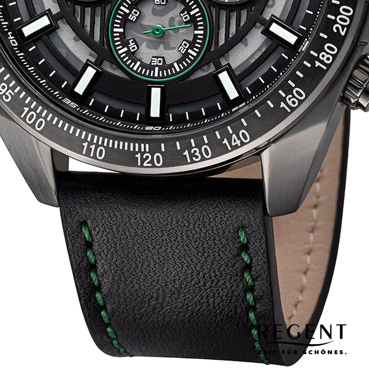 46mm), grün schwarz Regent extra rund, IPB Lederarmband Armbanduhr (ca. Regent Herren Quarzuhr Analog, Herren groß Armbanduhr