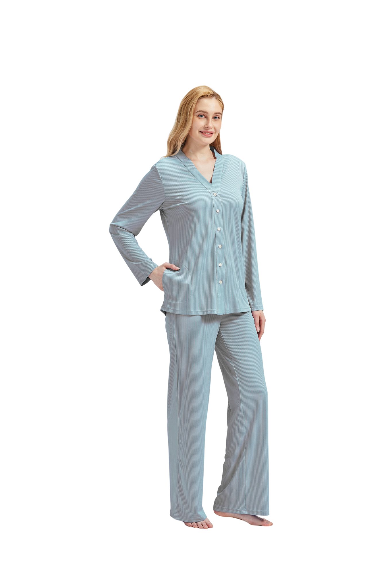 M-Diamant Schlafanzug Damen Pyjama-Set Damenwäsche V-Ausschnitt 3 teilig (S günstig online kaufen