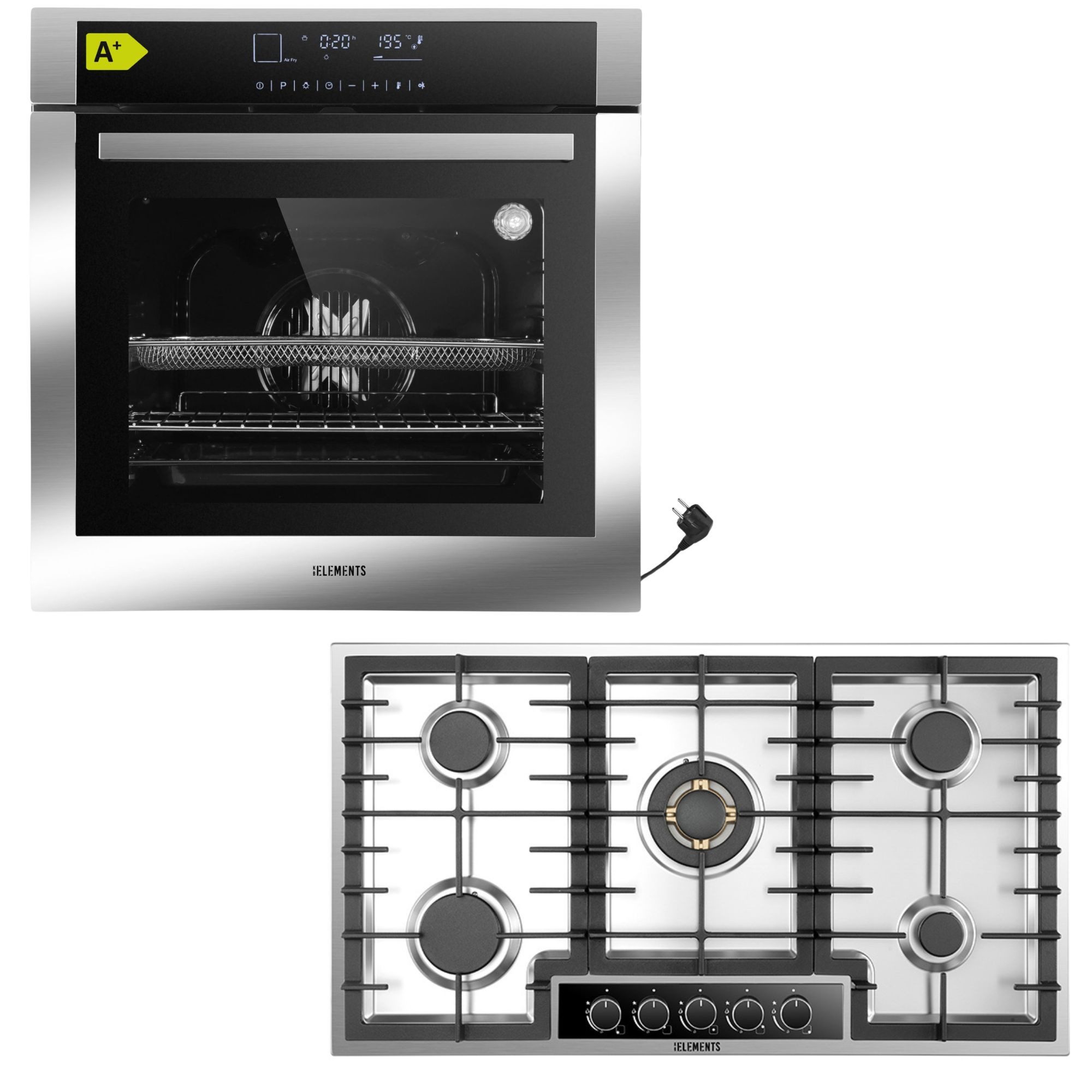 KB Elements Gasherd-Set Einbaubackofen 60 cm mit Gaskochfeld 90 cm, 5 Flammig, mit 2-fach-Teleskopauszug, AQUA CLEAN, Airfry Funktion, Gaskochfeld mit vollkupfer-Brennern