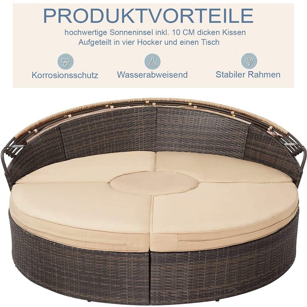 Feel2Home Sonneninsel Polyrattan Sonneninsel 180cm Gartenmuschel Sonnenliege versch. Farben, Stück, wasserabweisend
