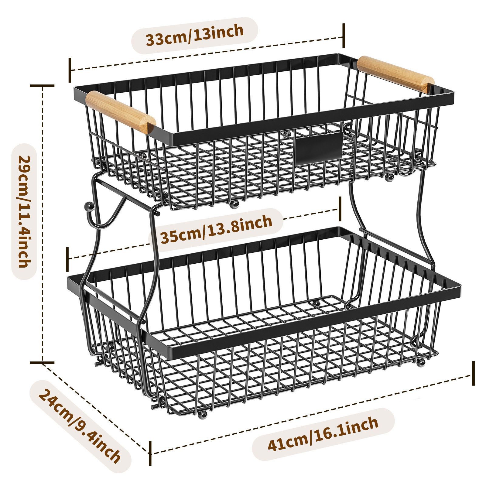 SURFOU Obstschale 2-stöckiger Obstkorb mit haken abnehmbar Metall Organizer Obst Etagere, Kohlenstoffstahl, (mit Holzgriff und 2 Bananenhängern, für Obst, Gemüs – Bild 5 von 5