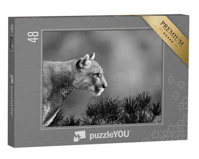 puzzleYOU Puzzle Seitenportrait eines Pumas, schwarz-weiß, 48 Puzzleteile, puzzleYOU-Kollektionen Puma, Raubtiere