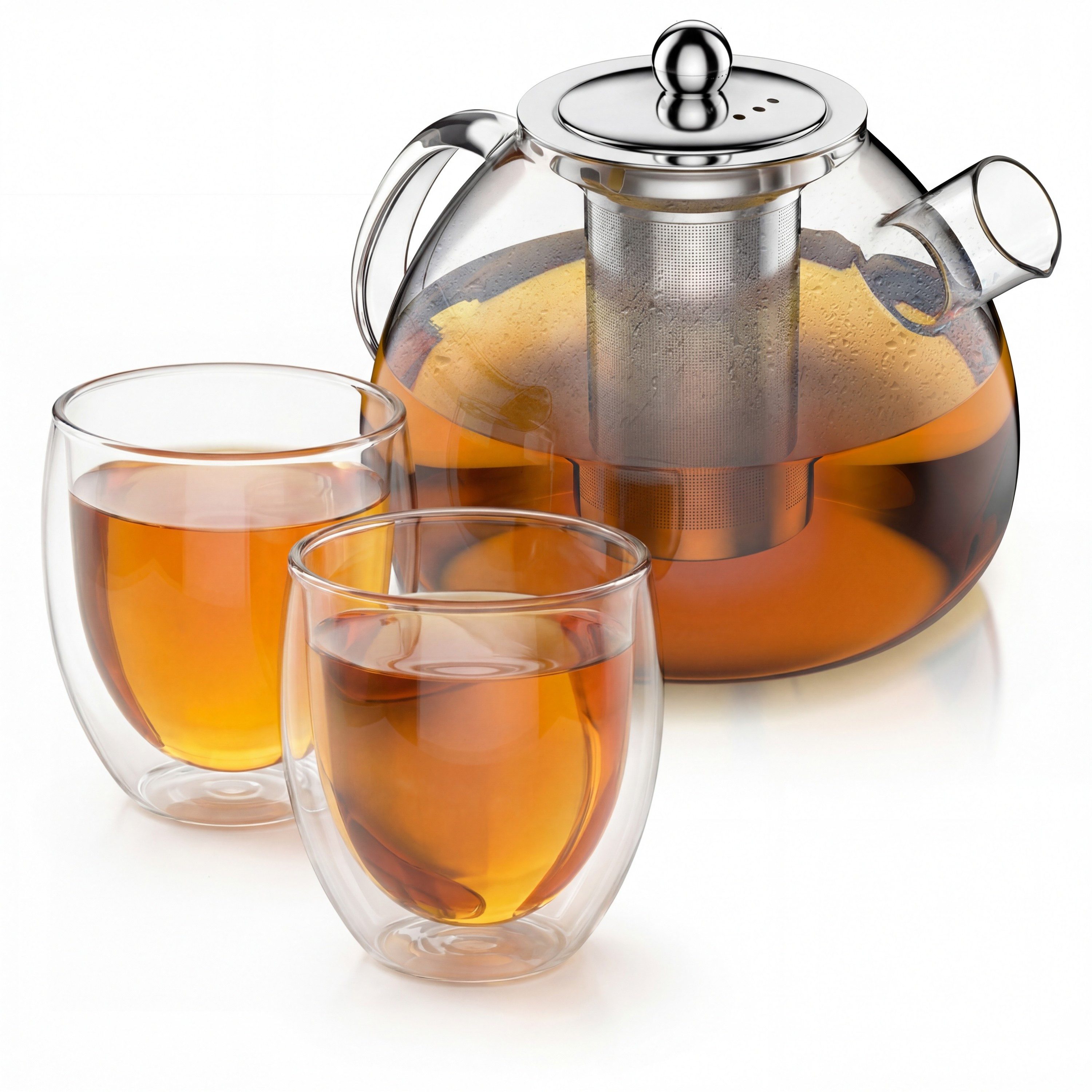 Arendo Teekanne Teekanne Glas 1,5L Sieb + 2 Thermogläser 350ml, 1,5 l, (Set, 1-St., Glas Kanne, Teesieb), Borosilikatglas, hitzebeständig, inkl. feinmaschigem Edelstahlsieb