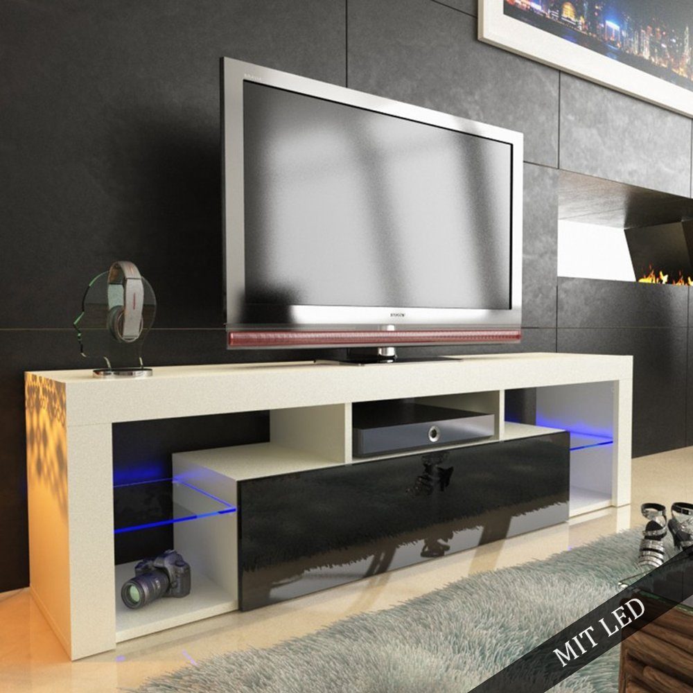 pressiode TV TISCH mit LED Lowboard SCHRANK Weiß-Schwarz 160cm BOARD LOWBOARD