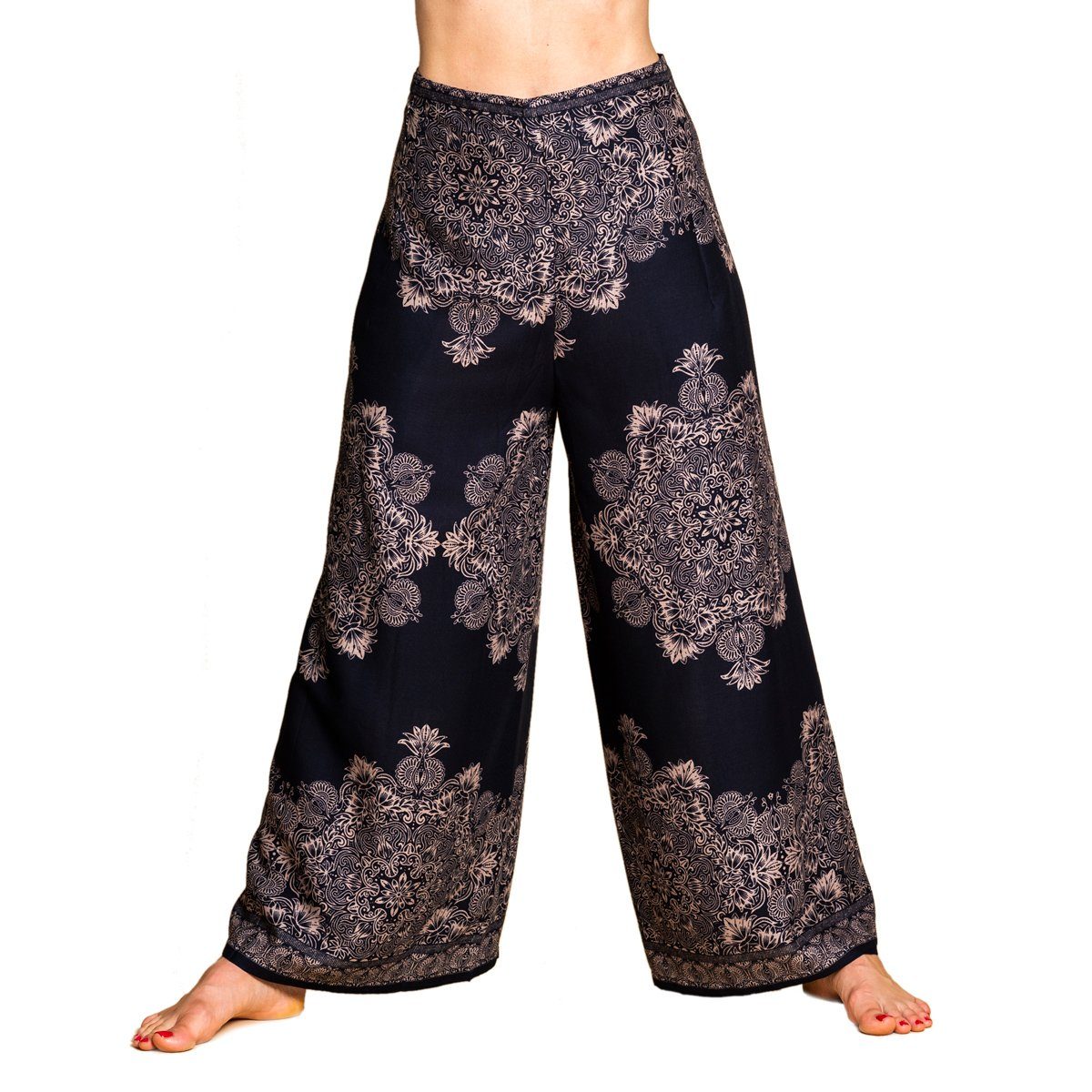 PANASIAM Stoffhose Sunshine Pants Wickelhose aus natürlicher Viskose Palazzohose im Peacock Design langer Boho Hosenrock Haremshose Pareo Hose V2-schwarz