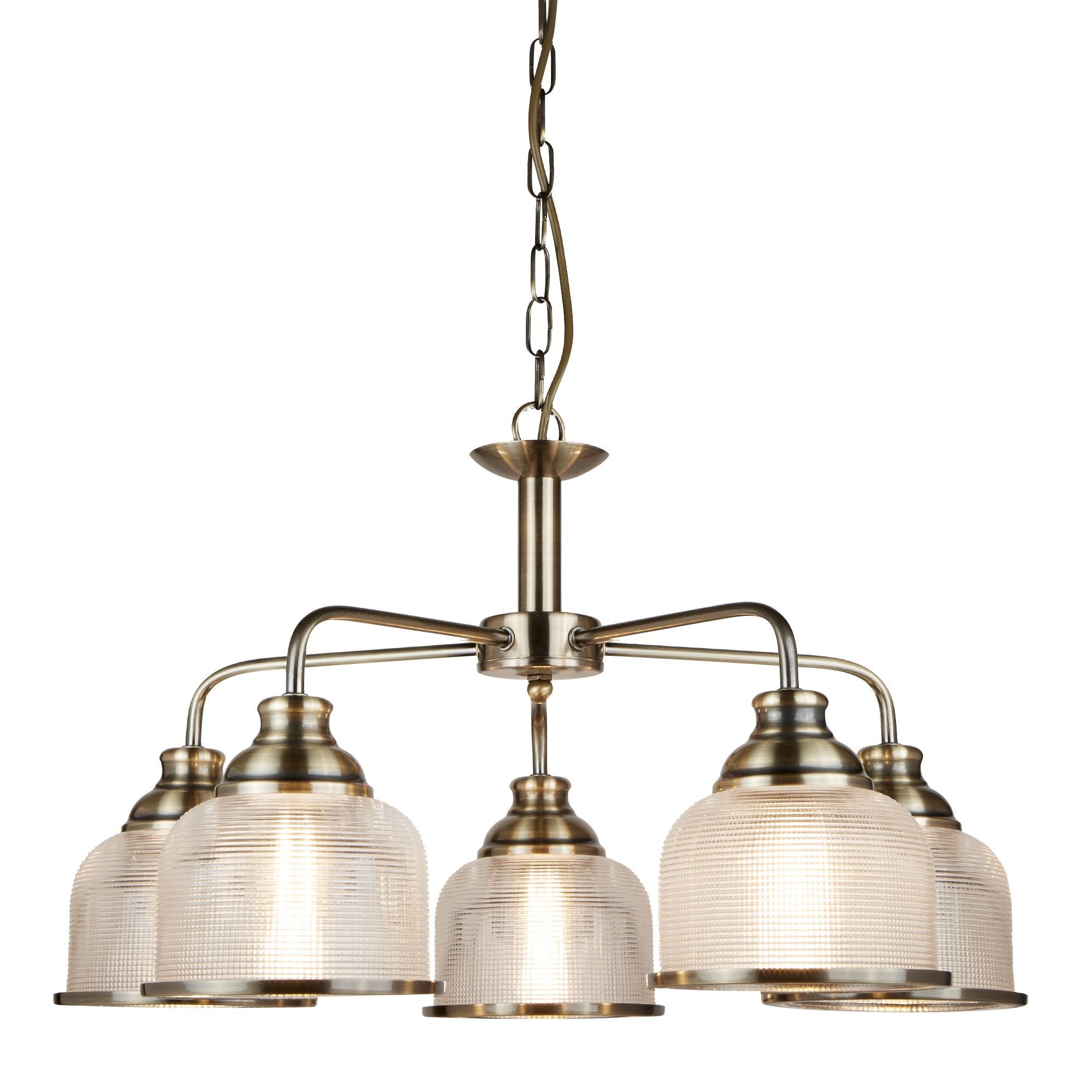 Searchlight Hängeleuchte Bistro II 5Lt Pendant -Antique Brass & Holophane Style Glass, Leuchtmittel wechselbar