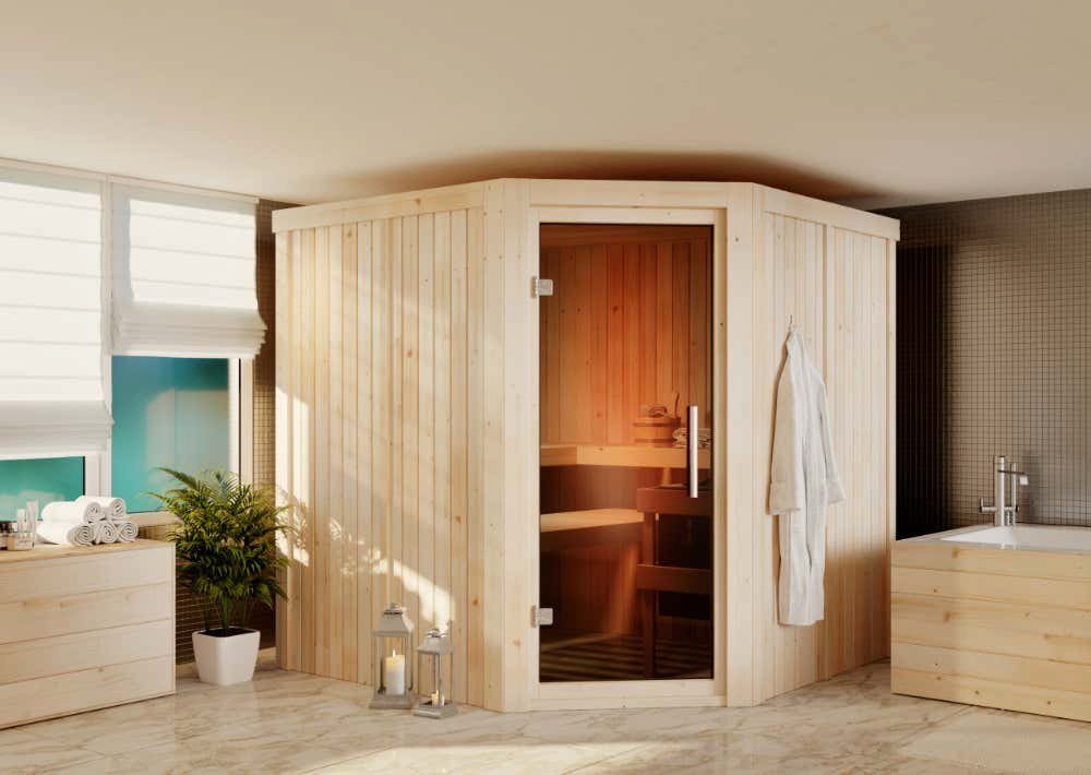 Thumbnail - Karibu Sauna Jarin mit Eckeinstieg, BxTxH: 196 x 196 x 198 cm, 68 mm