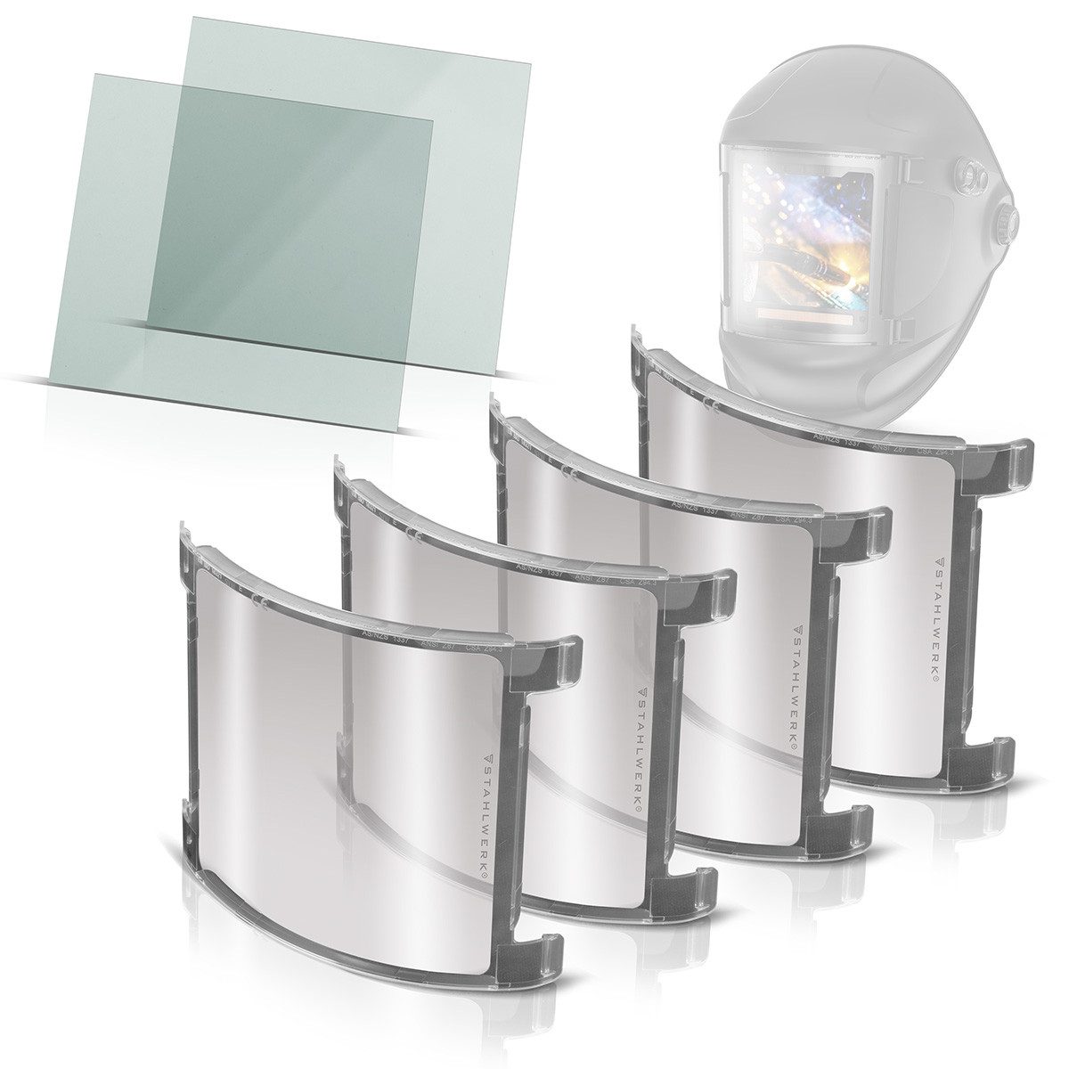 STAHLWERK Schweißhelm Schweißhelm Ersatzscheiben 6er Set Ersatzgläser innen Visierscheiben (Set, 4-tlg., Set), Schweißer-Gripzangen inklusive Transportkoffer