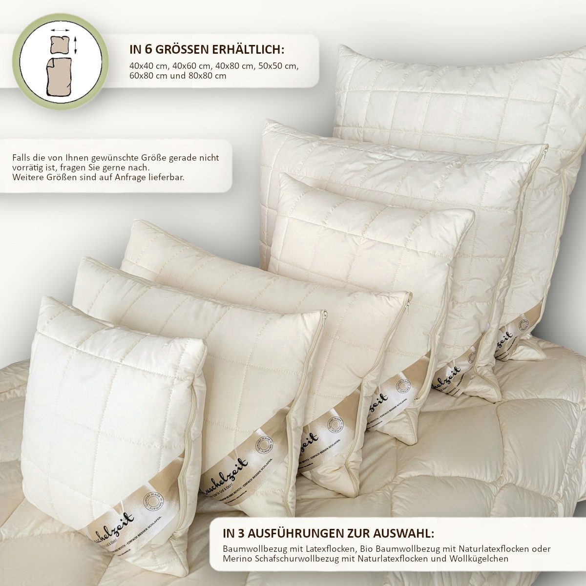 Meivita Kopfkissen Kissen mit Naturlatexflocken und kbA Baumwollbezug, Füllung: 100% Latex (Naturlatexflocken), Bezug: 100% Baumwolle aus kontrolliert biologischem Anbau, Seitenschläfer, Rückenschläfer, Bauchschläfer, Kissen Hergestellt in Deutschland