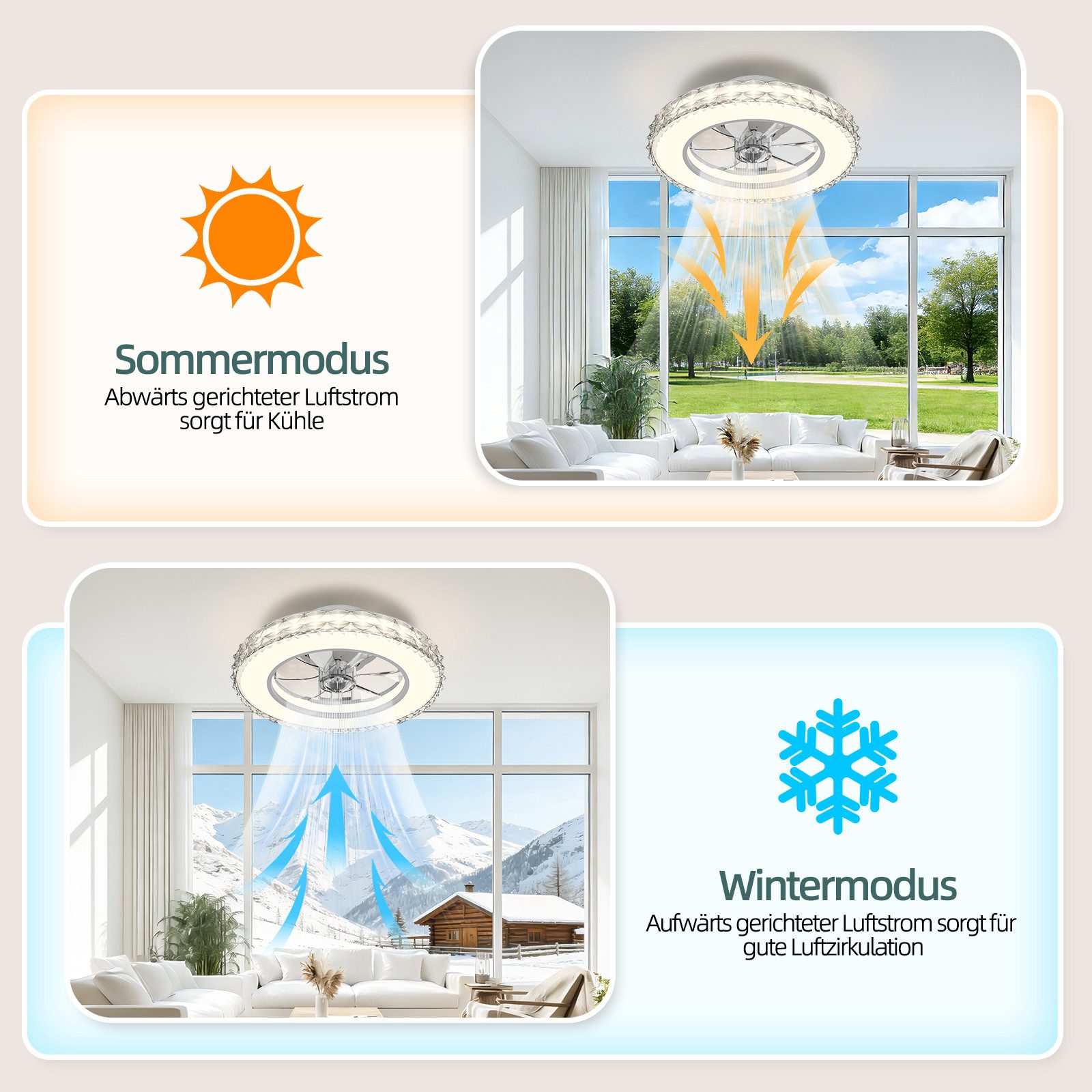 ATEROLL Deckenventilator mit Beleuchtung mit Kristall-Optik, LED 3CCT, RGB, dimmbar, Leiser Deckenventilator mit Fernbedienung,Timer,Memoryfunktion