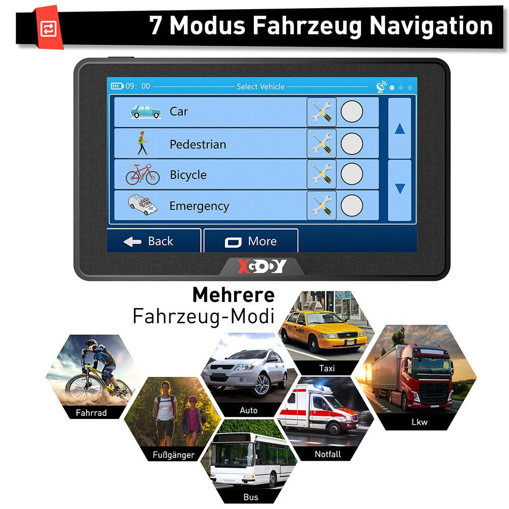 XGODY 7 Zoll PKW-Navigationsgerät (Europa (48 Länder), Lebenslange Kartenaktualisierung, GPS Navigation für Auto und LKW, Bluetooth, 3D Karten)