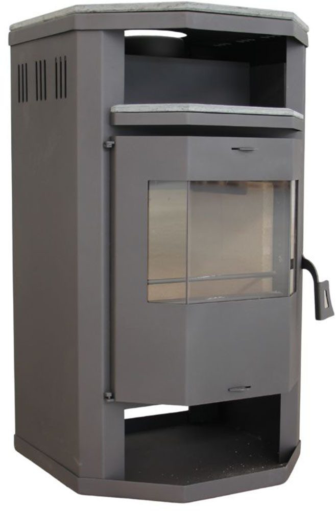 Kaminofen Prismo Top und Teefach Platte, 6,4 kW, Zeitbrand, Stein Top und Teefach-Platte