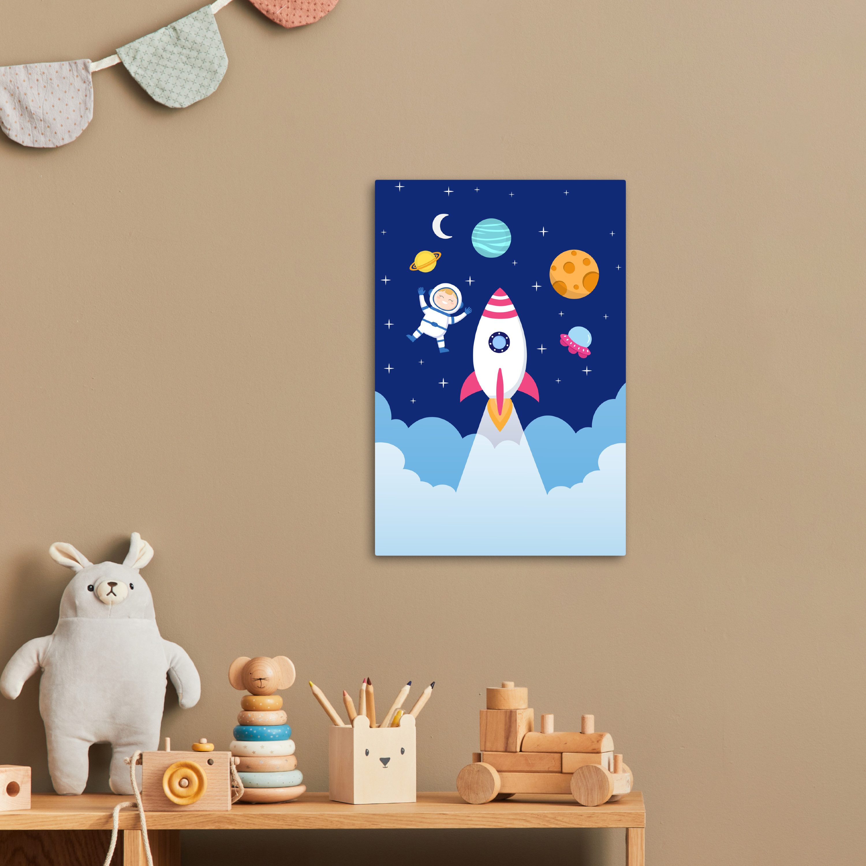 OneMillionCanvasses® Leinwandbild Rakete - Weltraum - Astronaut - Blau - Jungen, Fotodruck (1 St), Kinderzimmer Deko, Mädchen und Jungen Bilder 20x30 cm