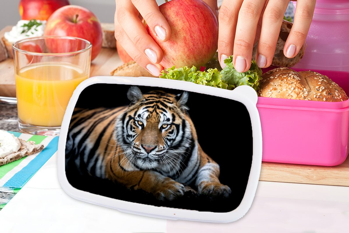 Porträt Schwarz, rosa Tiger für - Brotbox Snackbox, Lunchbox MuchoWow - Kunststoff, Mädchen, Erwachsene, Kunststoff Kinder, Brotdose (2-tlg),