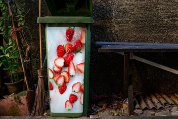 MuchoWow Wandsticker Erdbeere - Obst - Marmor (1 St), Mülleimer-aufkleber, Mülltonne, Sticker, Container, Abfalbehälter