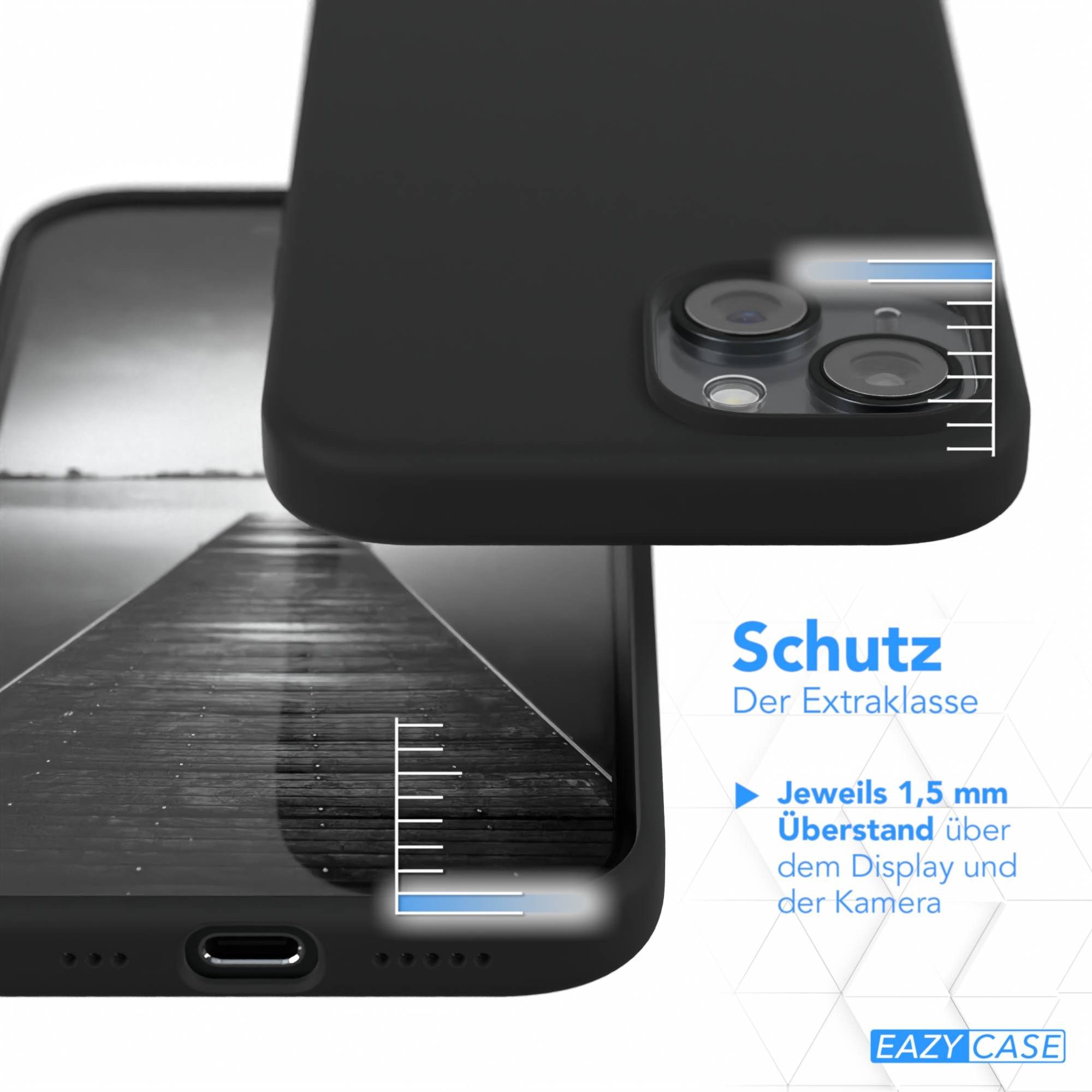 EAZY CASE Handyhülle Premium Silikon Case für Apple iPhone 15 6,1 Zoll, Hülle mit Kameraschutz Bumper Silikonhülle stoßfest Slimcover Schwarz