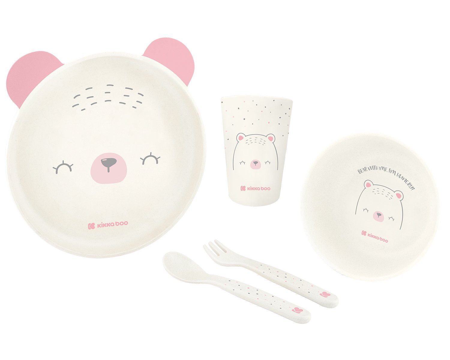 Kikkaboo Kunststoffteller Kindergeschirr Set Bear with me, 5-teilig, Tiermotiv, Schale, Besteck pink