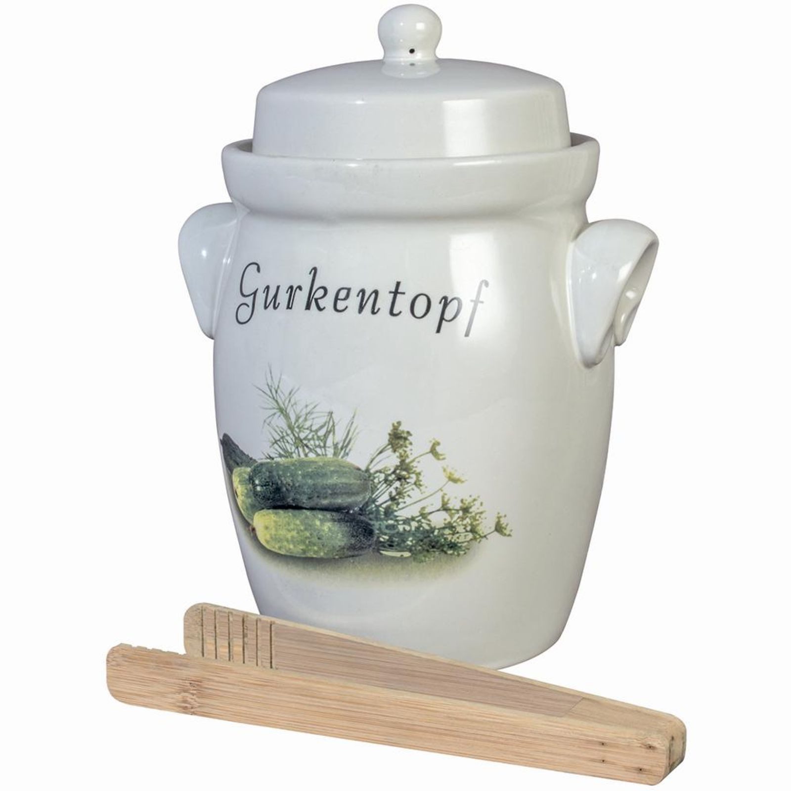 Steinzeug-Schmitt Gärtopf Gurkentopf Keramik 5,0 l, creme mit Holzzange, Keramik