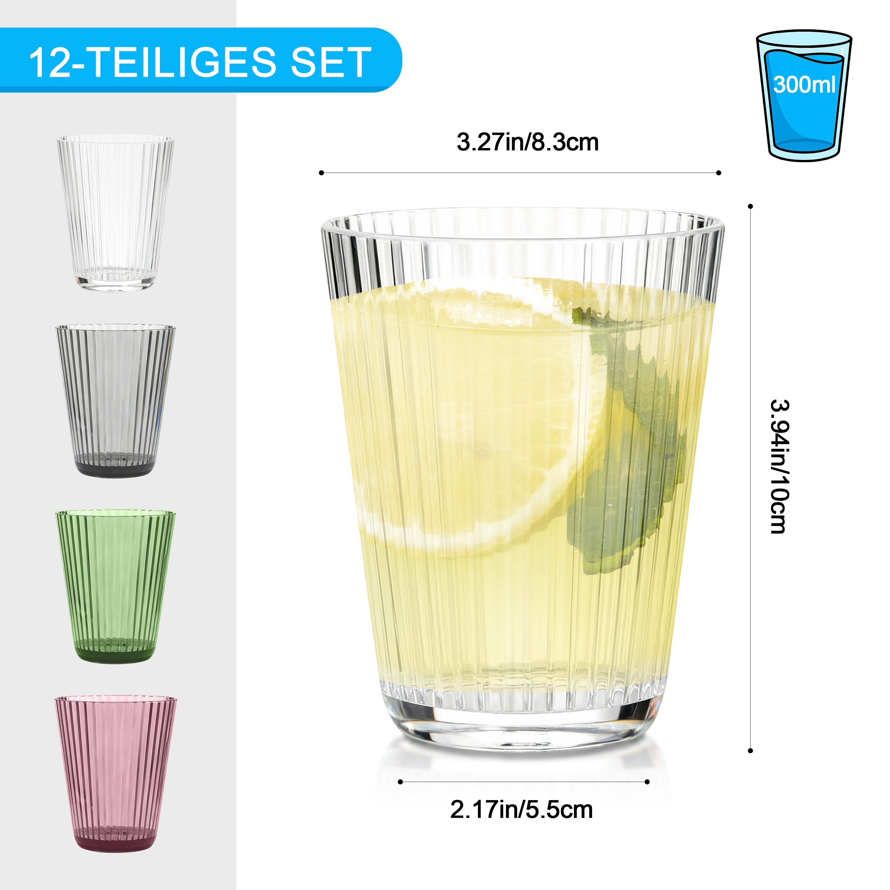 Ribelli Gläser-Set 12er Set Trinkgläser aus Kunststoff, 300/500ml Plastik Wassergläser, für Party, Camping, Familie