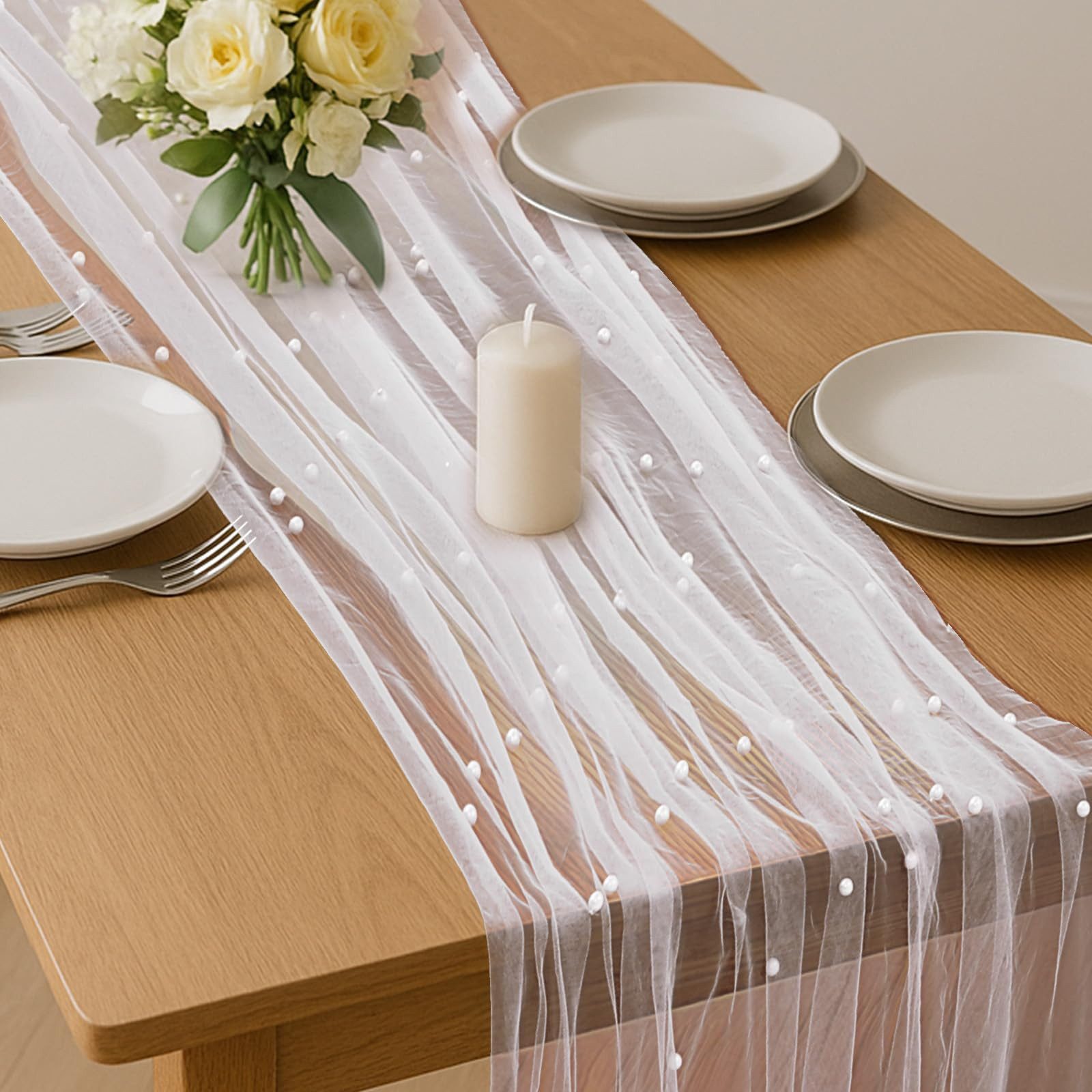 FOUORTUNATE-BEE Tischläufer Tischläufer aus Tüll mit Perlen 75 x 300 cm, Perlentüll Tischdecke (Tüllstoff Netz Tischband Tischdekoration für Hochzeit, Brautparty, Geburtstagsfeier und Hochzeitsbogen)