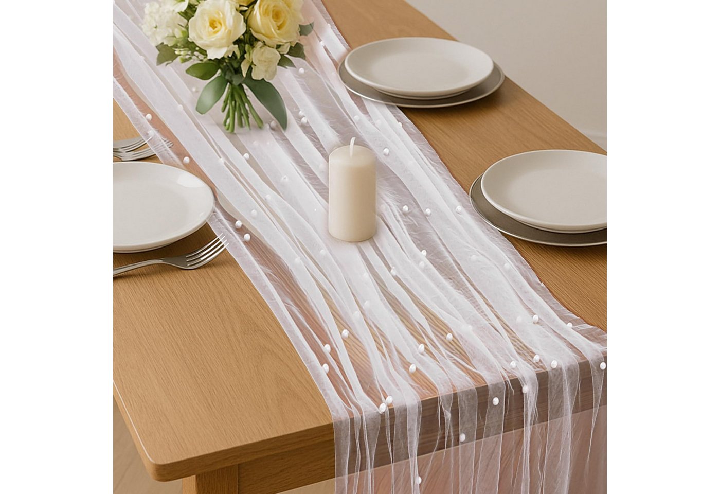 FOUORTUNATE-BEE Tischläufer Tischläufer aus Tüll mit Perlen 75 x 300 cm, Perlentüll Tischdecke (Tüllstoff Netz Tischband Tischdekoration für Hochzeit, Brautparty, Geburtstagsfeier und Hochzeitsbogen)
